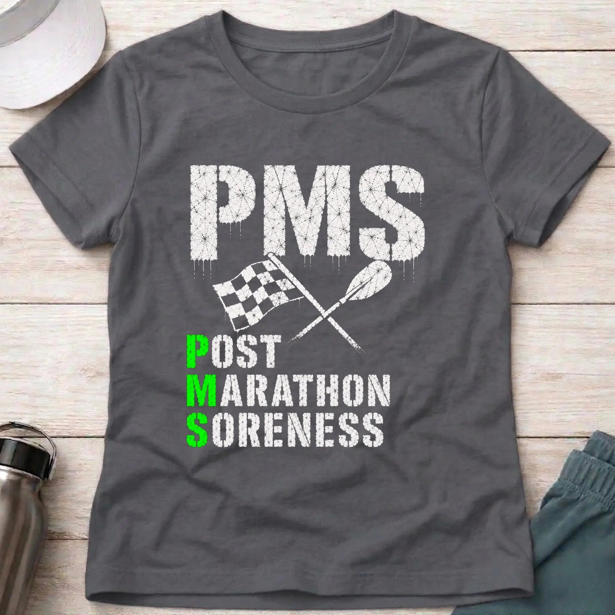 Charcoal P.M.S. fitted tee — Post Marathon Soreness gift for women — Vector Paddle