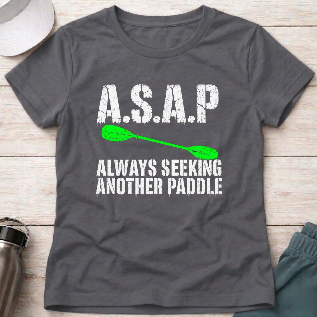 Charcoal A.S.A.P. fitted tee — Always Seeking Another Paddle gift for women — Vector Paddle