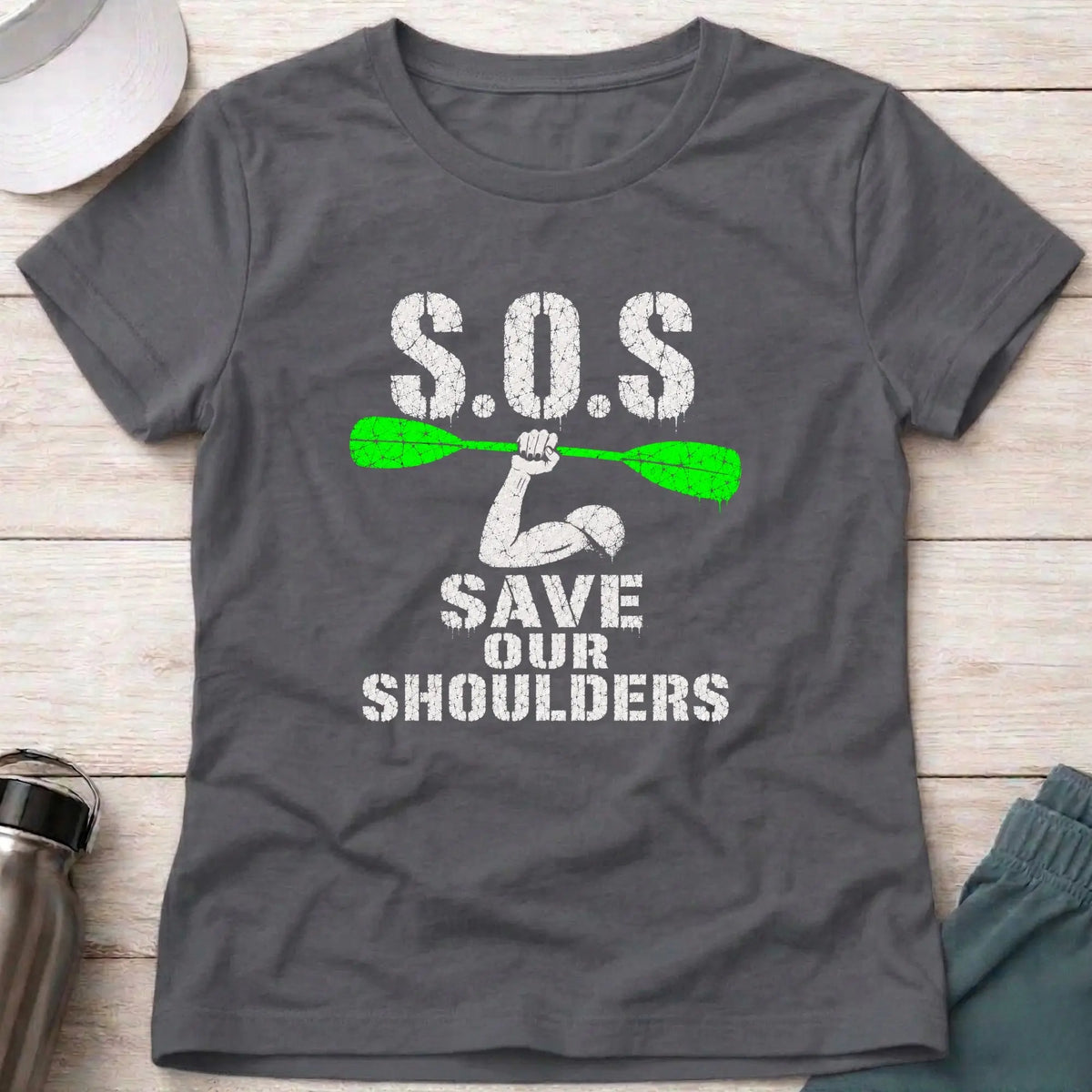 Charcoal Save Our Shoulders fitted tee — marathon paddler gift for women — Vector Paddle