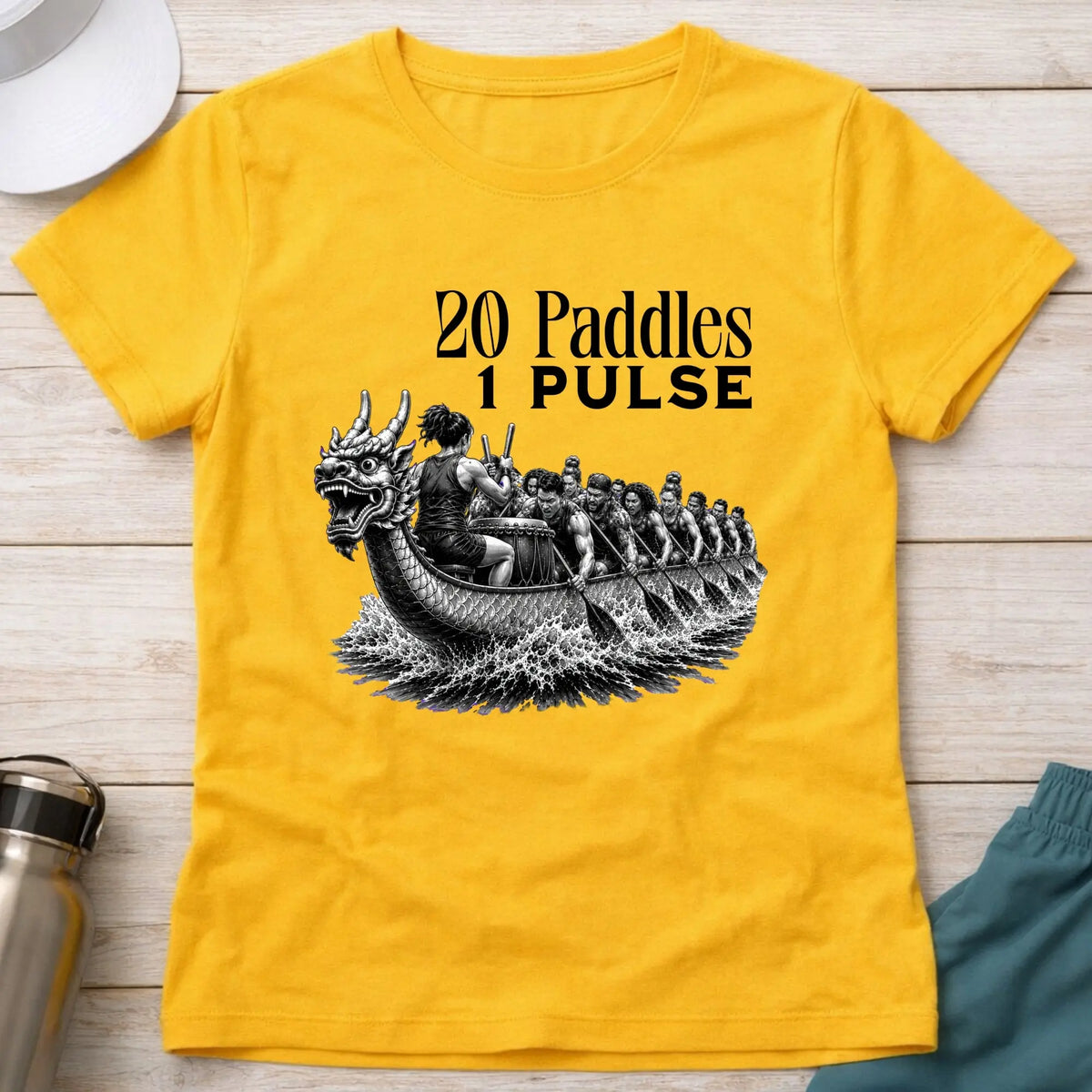 20 Paddles 1 Pulse fitted tee in Daisy — dragon boat crew with drummer — Vector Paddle
