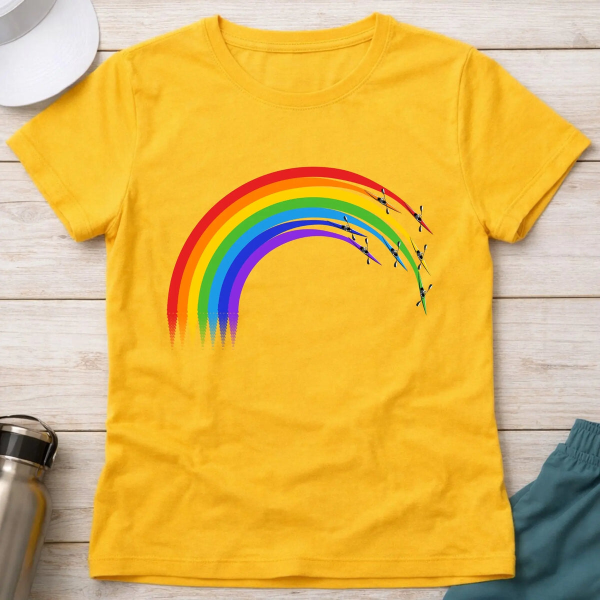 Over The Rainbow fitted tee in Daisy — rainbow kayak wake design — Vector Paddle
