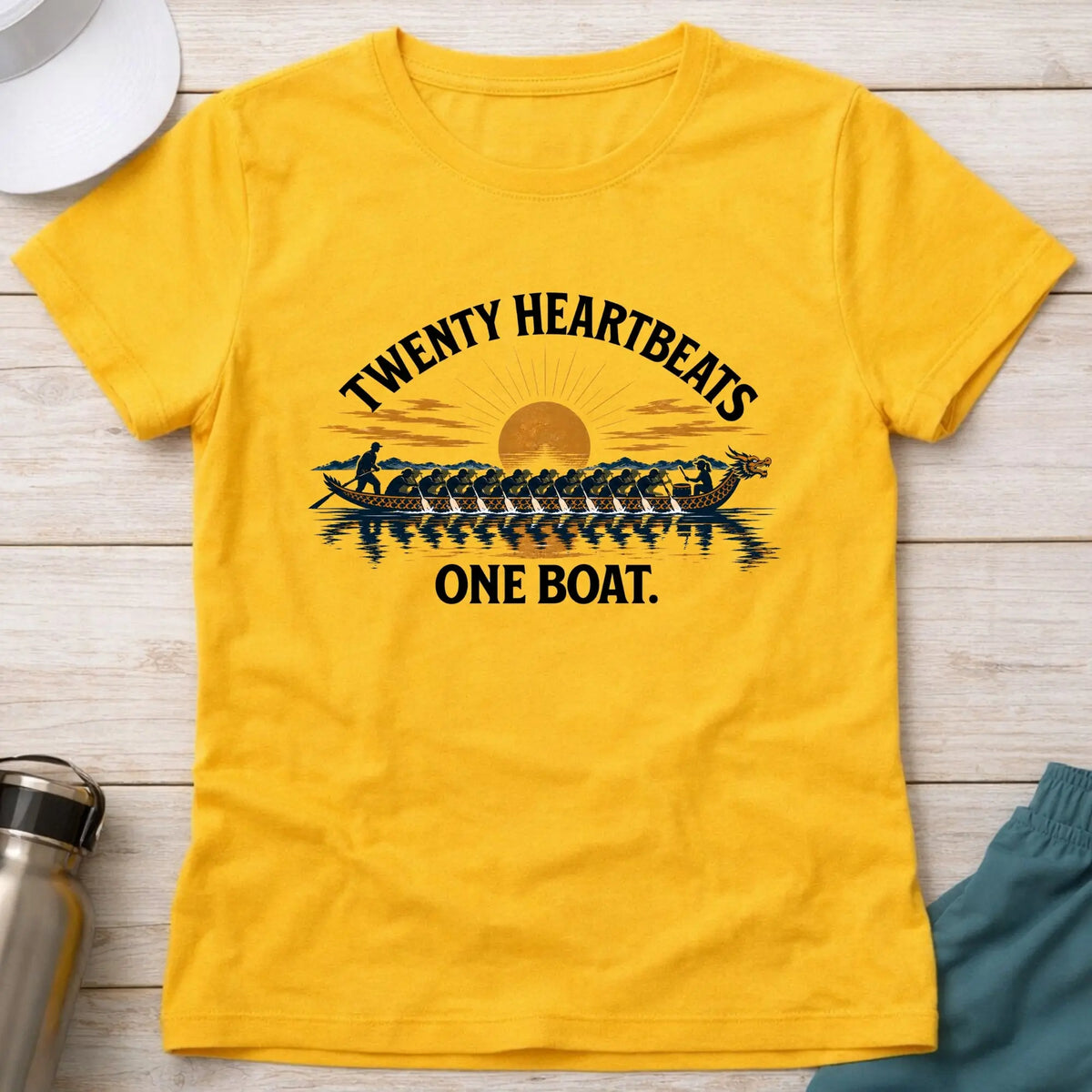 Twenty Heartbeats One Boat fitted tee in Daisy — sunset dragon boat crew graphic — Vector Paddle
