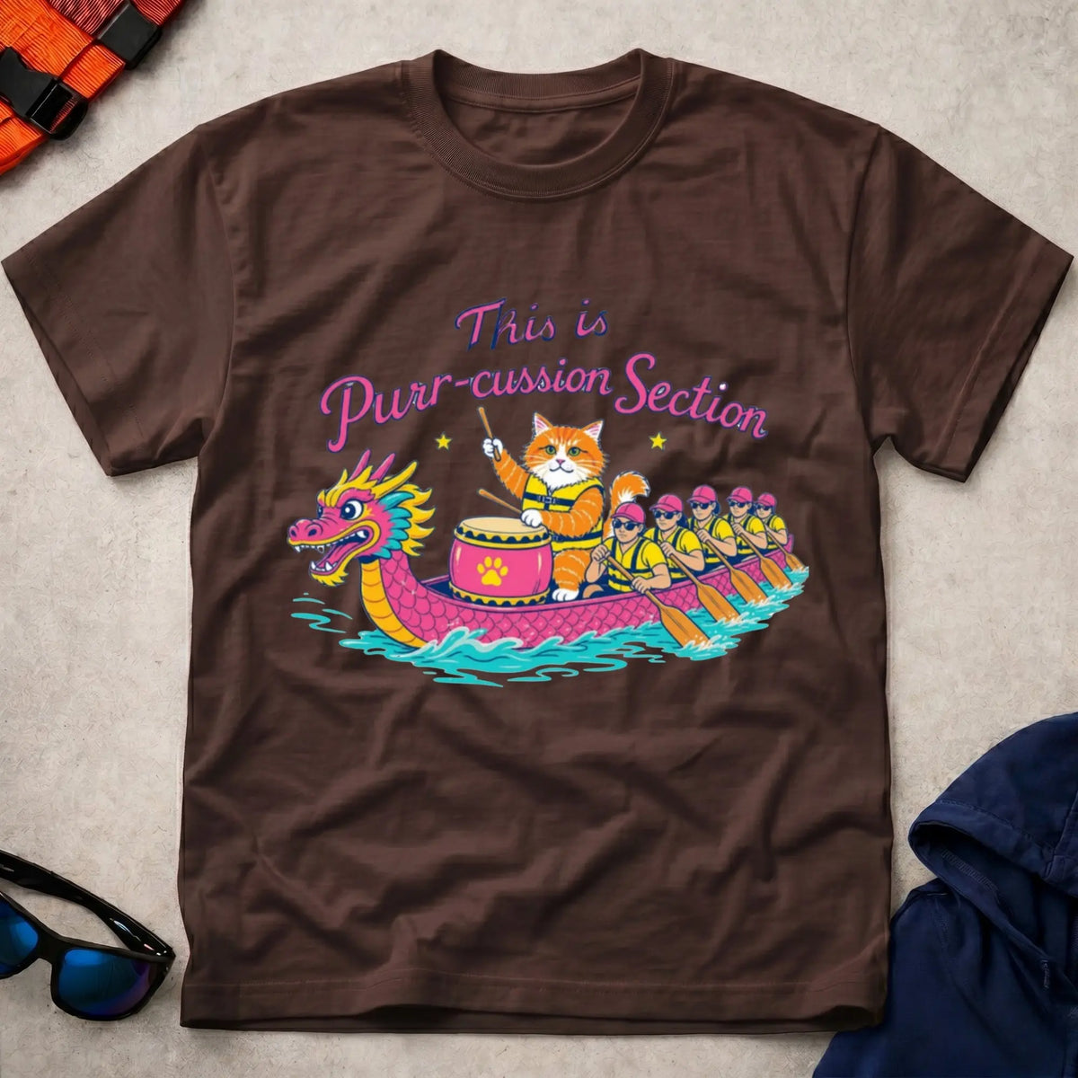 Dark Chocolate Purr-cussion Section dragon boat drummer cat tee — Vector Paddle