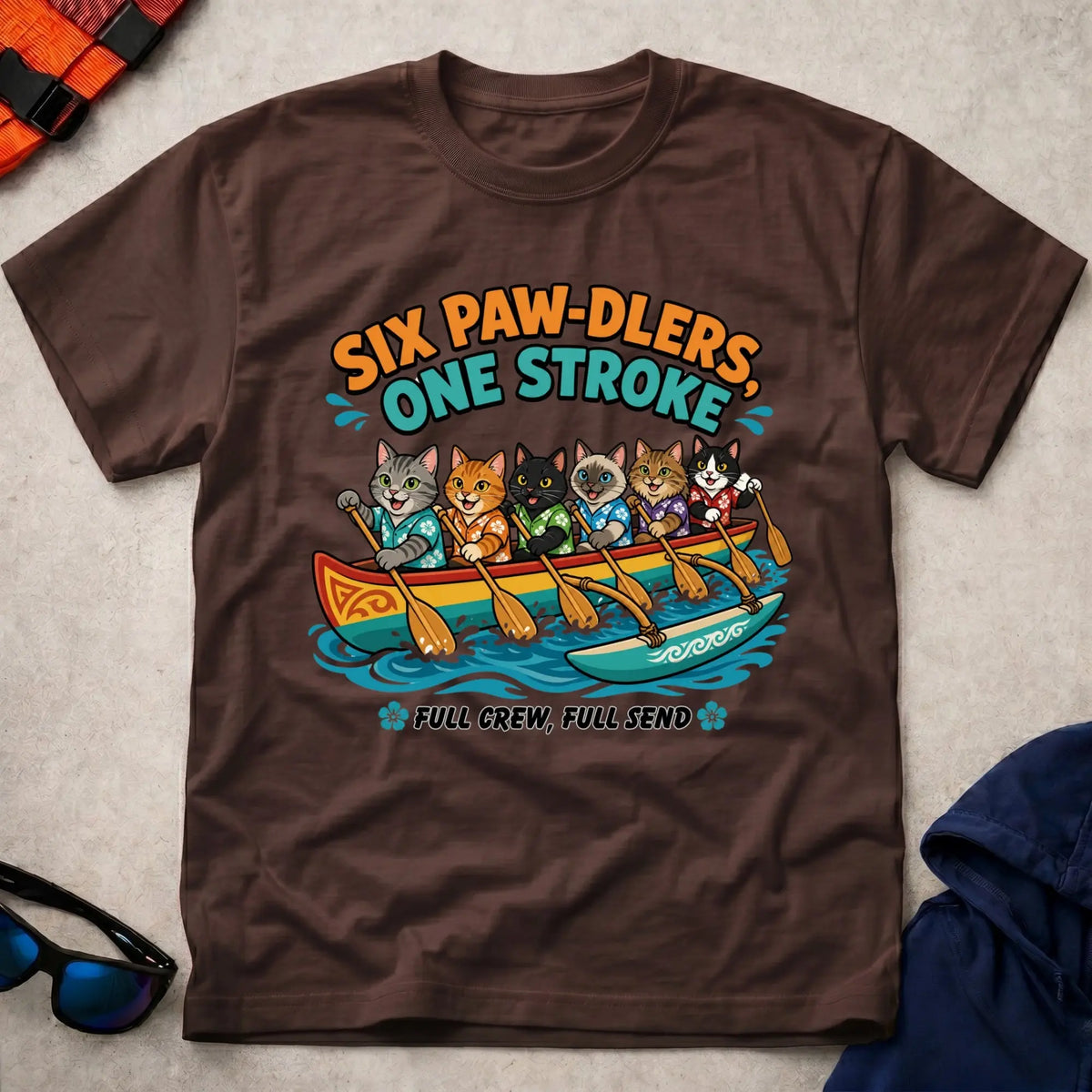 Dark Chocolate Six Paw-dlers, One Stroke tee — OC6 outrigger crew gift — Vector Paddle
