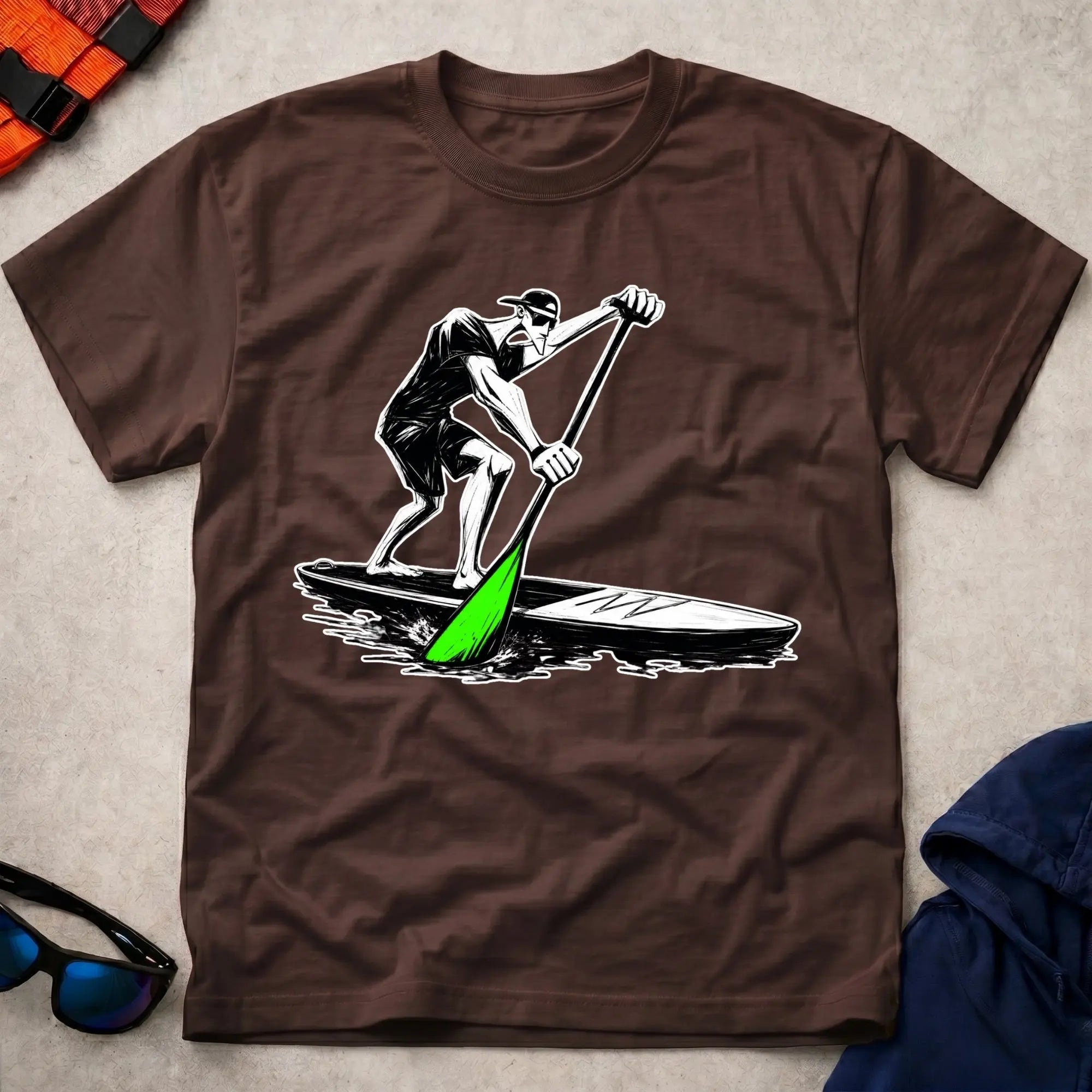 Dark Chocolate Paddling SUP t-shirt for stand-up paddleboarders, Vector Paddle