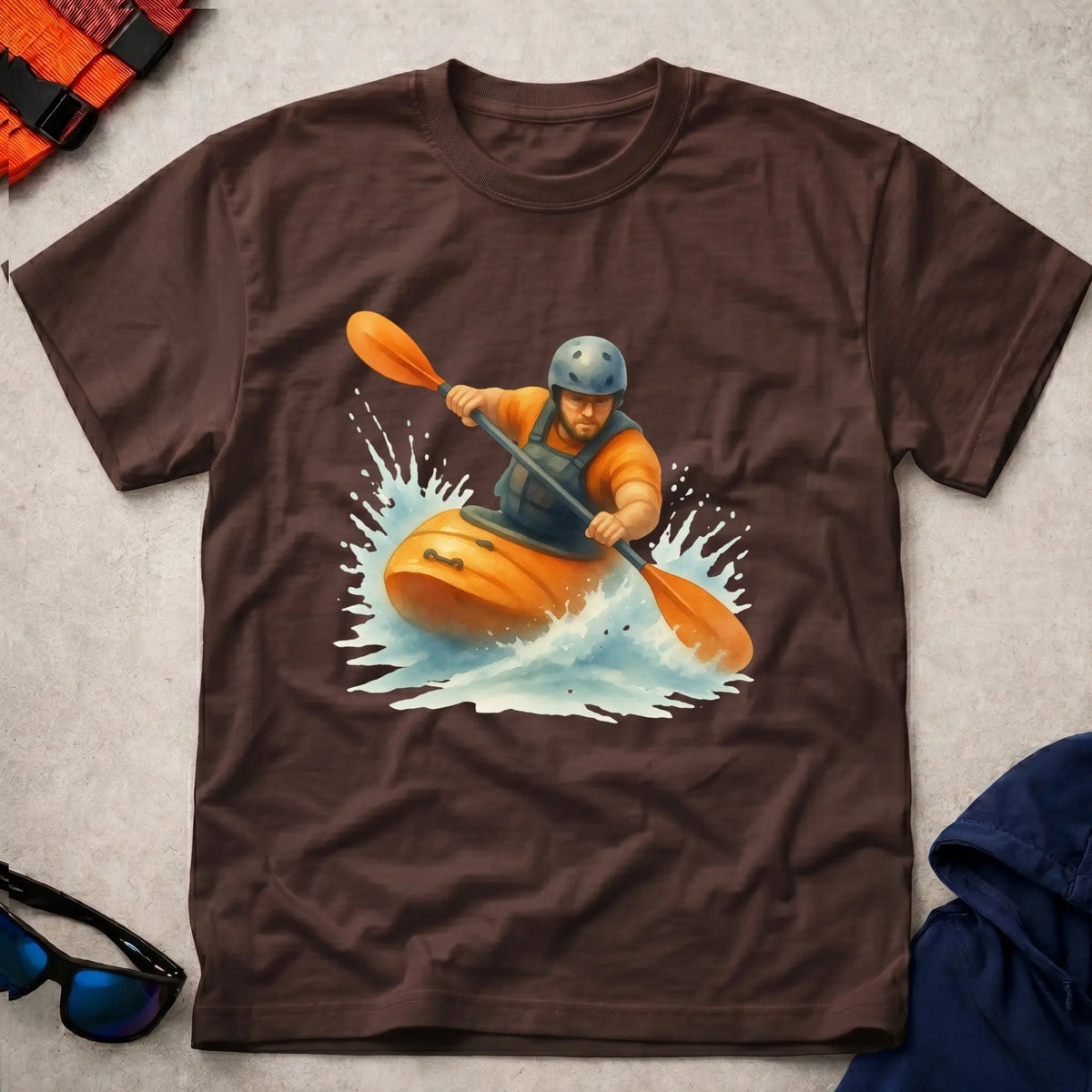 Read The River tee in Dark Chocolate — watercolour whitewater kayaker in rapids — Vector Paddle