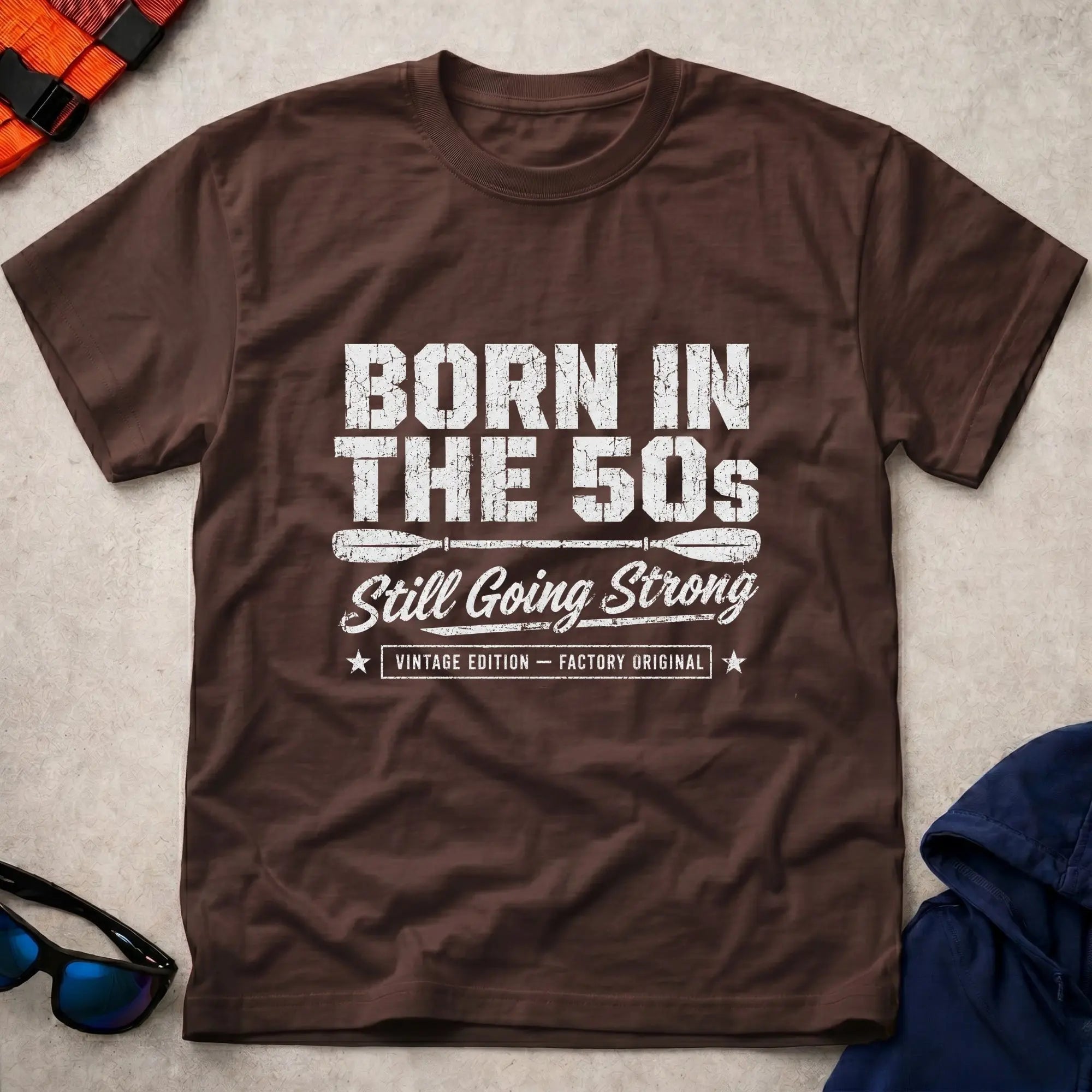 Born In The 50s – Still Going Strong retro paddling tee in Dark Chocolate | Vector Paddle