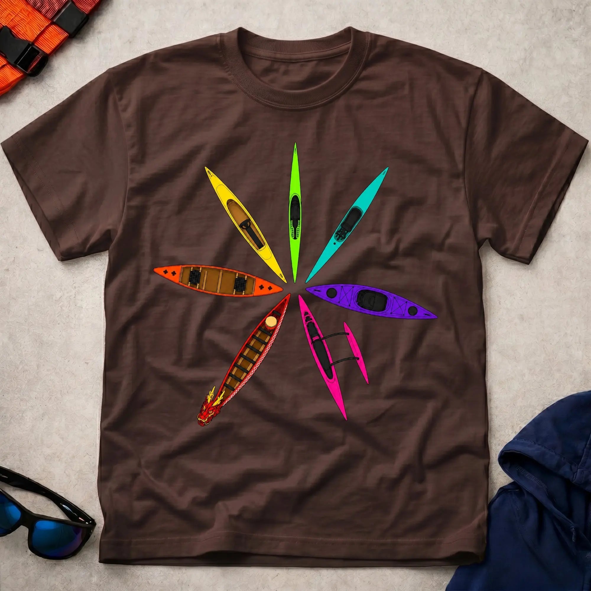 Dark Chocolate Full Bloom paddling tee with bold multicolour graphic — Vector Paddle