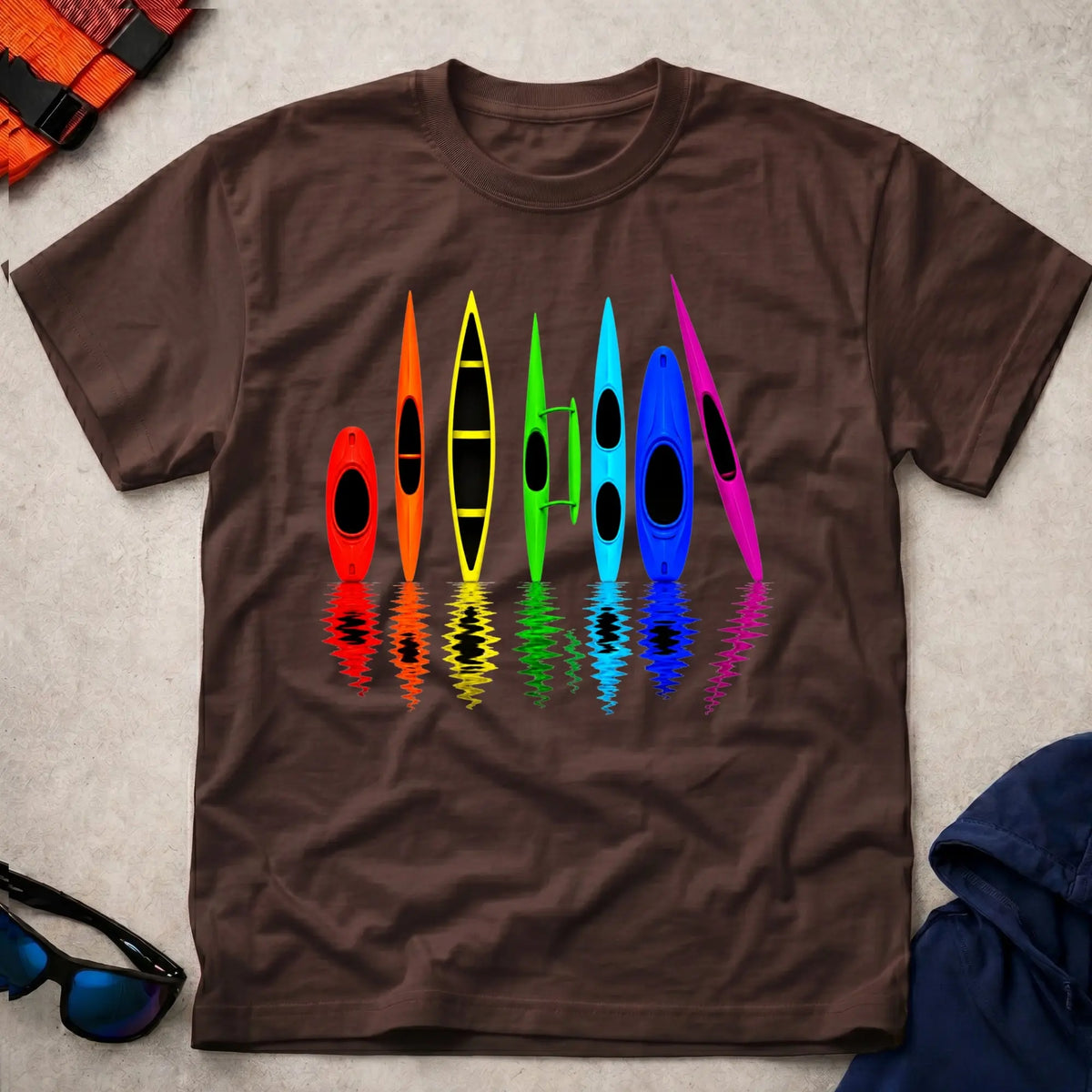 All The Boats tee in Dark Chocolate — colourful multi-discipline paddlesport graphic — Vector Paddle