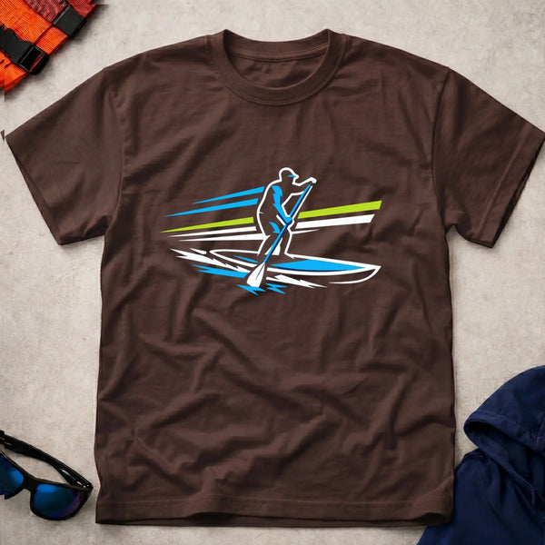 SUP Sprint tee in Dark Chocolate — stand-up paddler with blue and green speed lines — Vector Paddle