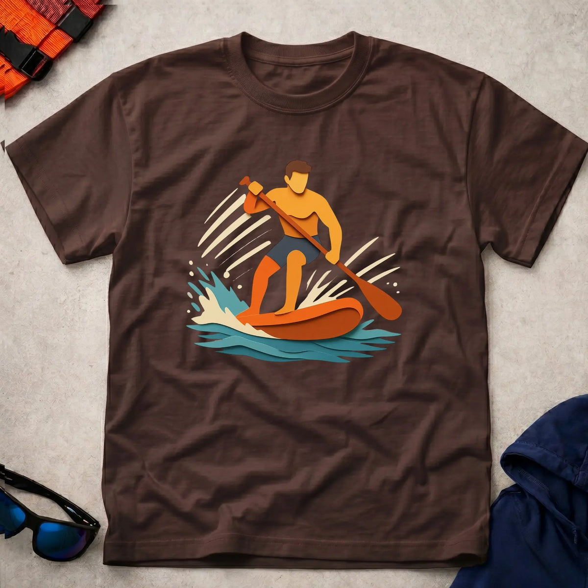 Cut Through tee in Dark Chocolate — paper-cut stand-up paddleboarder in orange and teal — Vector Paddle