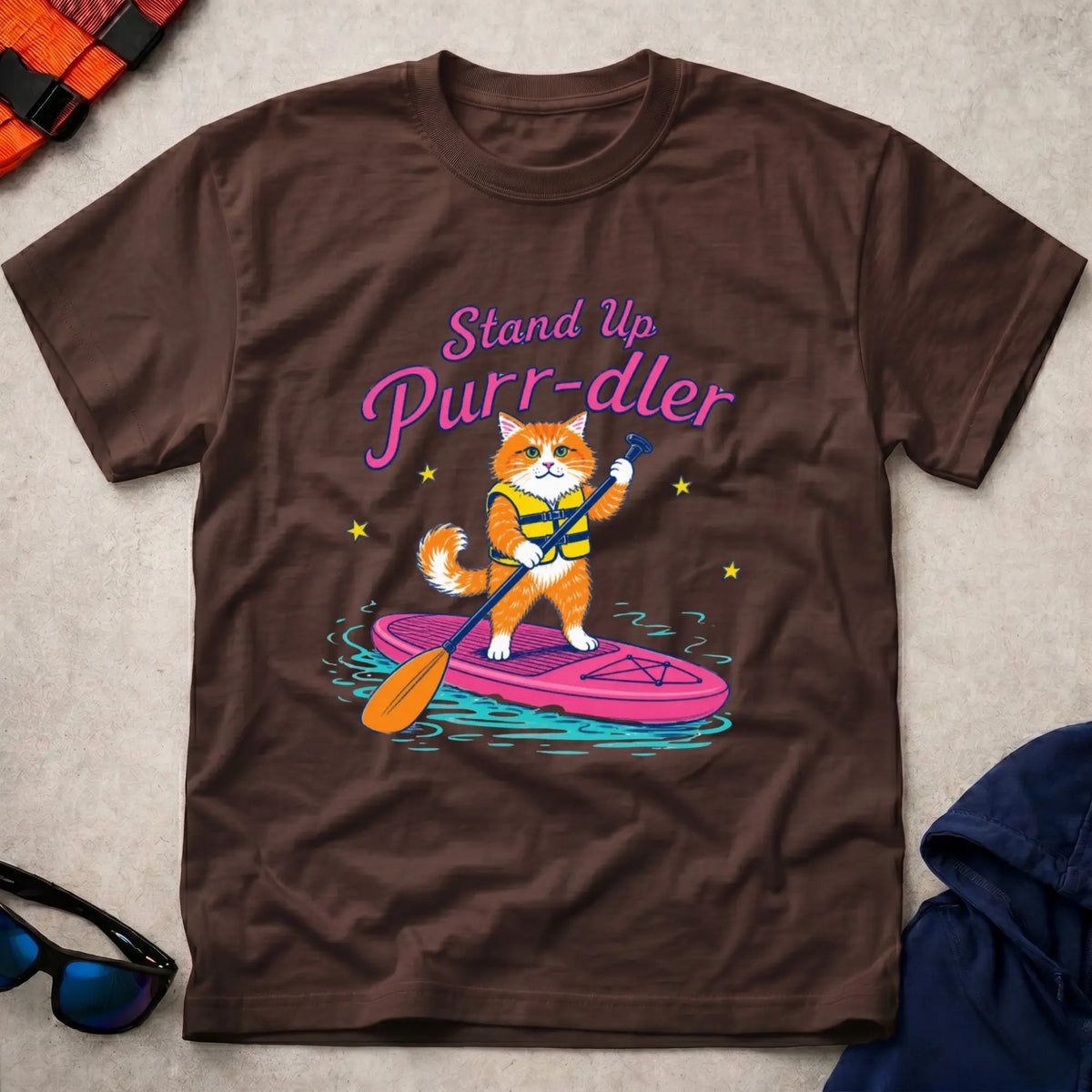 Dark Chocolate Stand Up Purr-dler cat SUP paddling tee — Vector Paddle