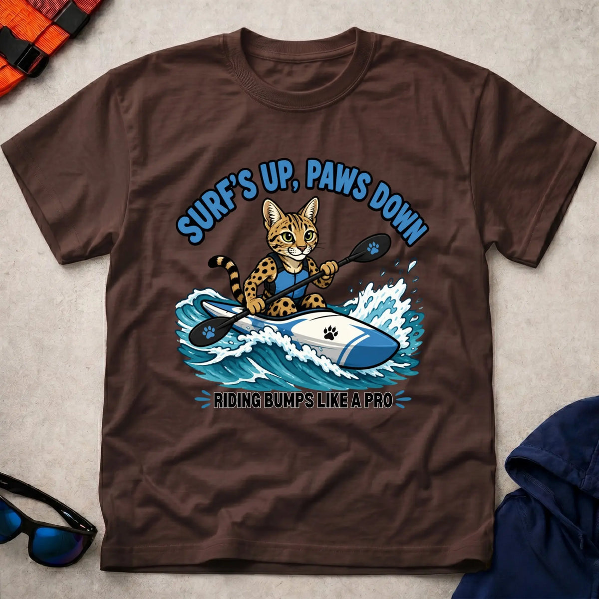 Dark Chocolate Surfs Up, Paws Down tee — open-water paddling gift — Vector Paddle