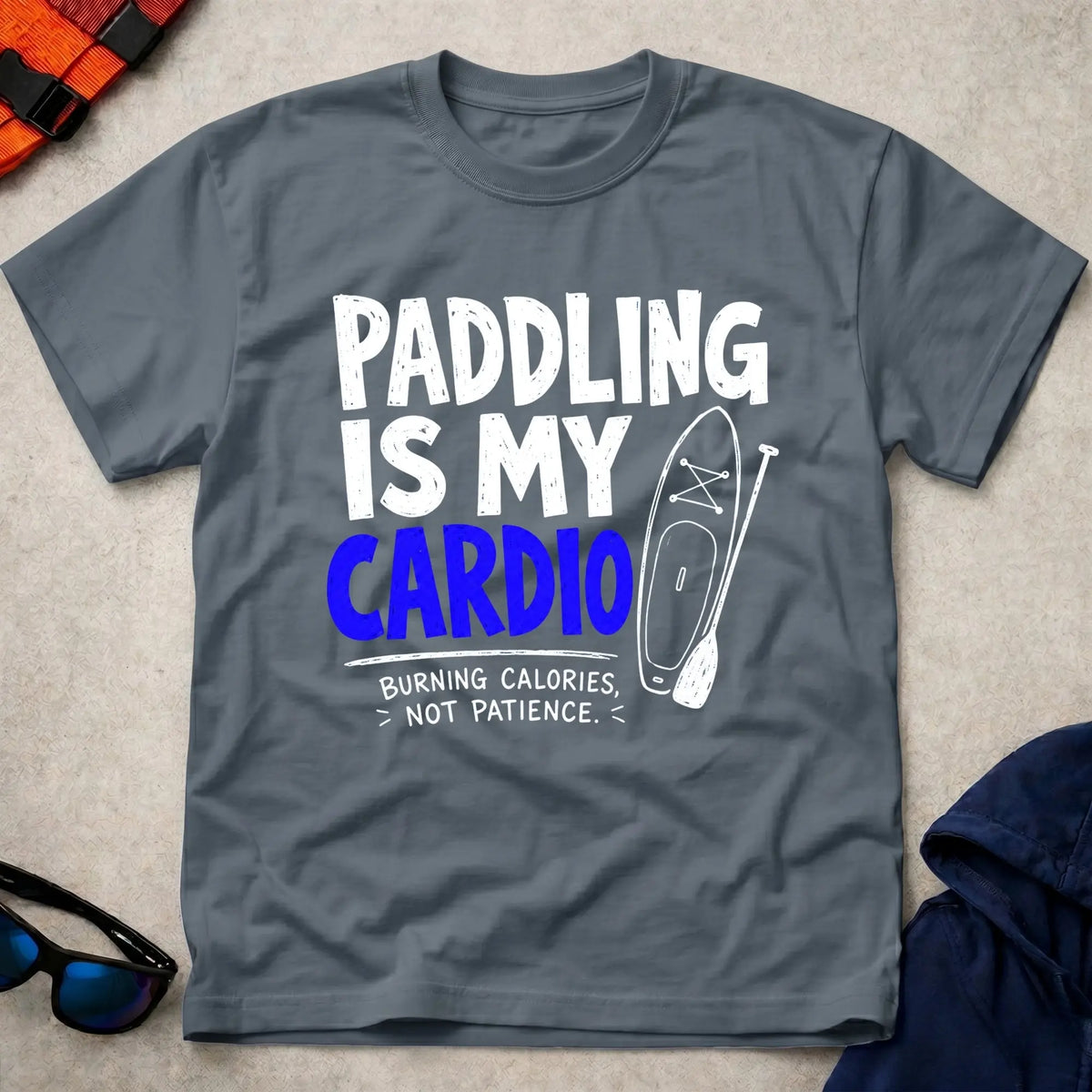 Dark Heather Paddling Is My Cardio t-shirt for paddlers who skip the gym, Vector Paddle