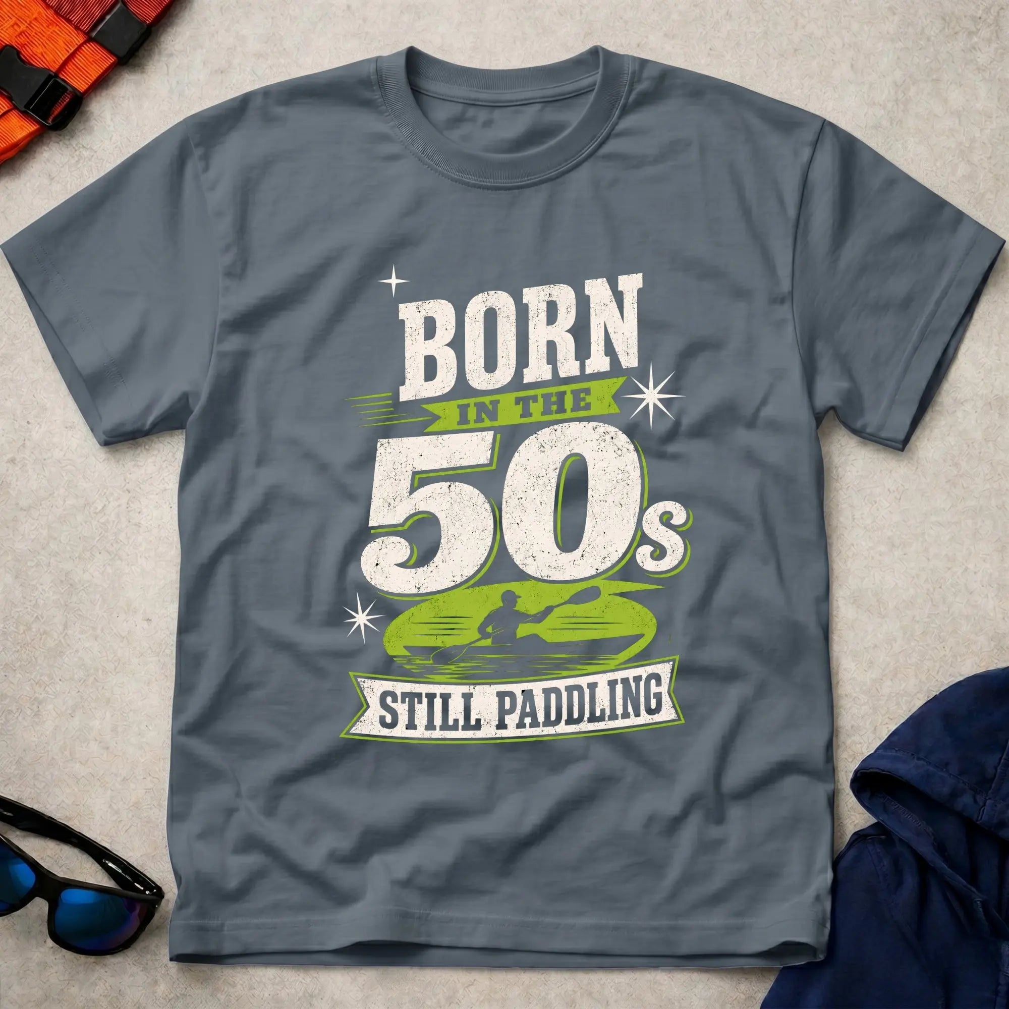 Born In The 50s – Still Paddling kayaker typography tee in Dark Heather | Vector Paddle