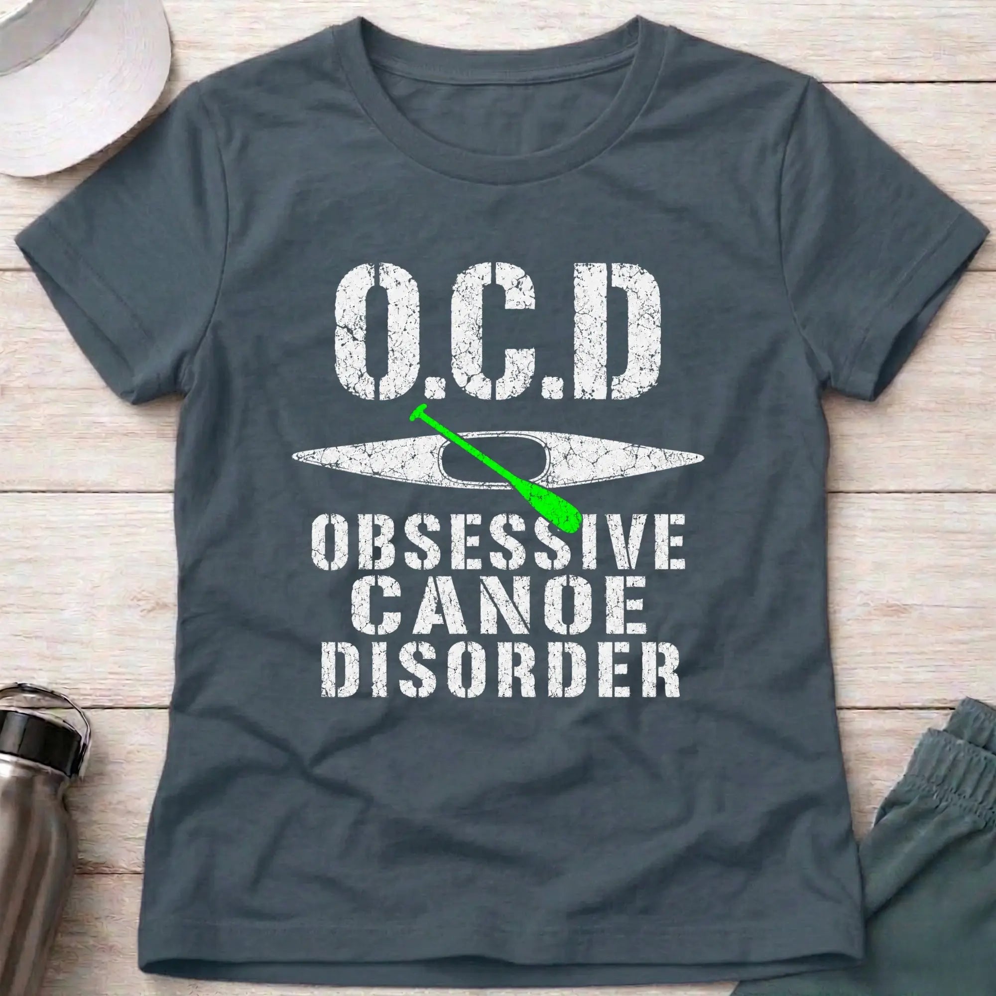 Dark Heather Obsessive Canoe Disorder fitted tee — funny canoe-obsessed gift for women — Vector Paddle