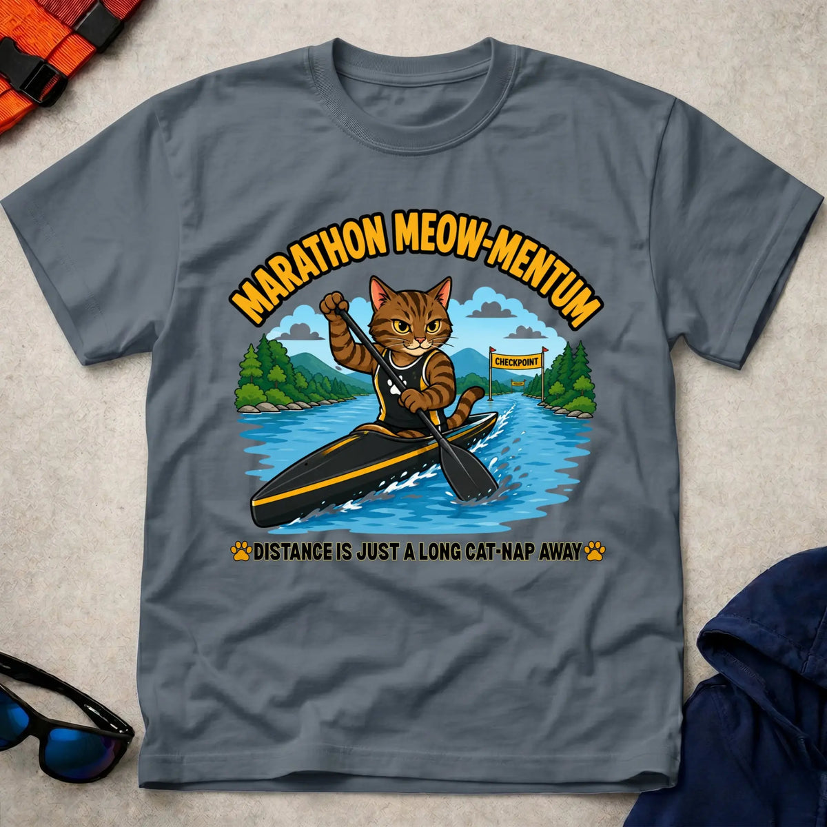 Dark Heather Marathon Meow-mentum tee — marathon paddling cat-lover gift — Vector Paddle