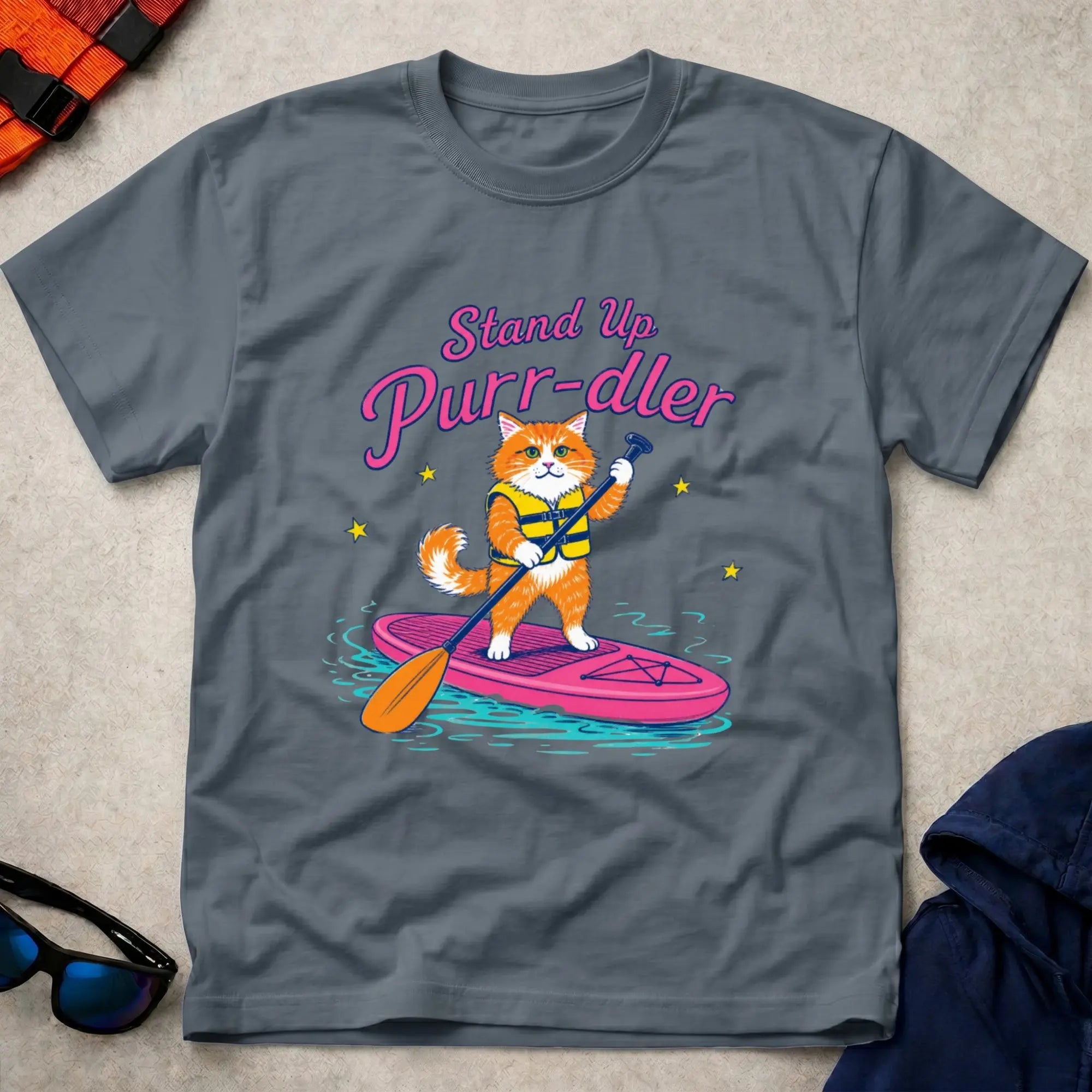 Dark Heather Stand Up Purr-dler cat SUP paddling tee — Vector Paddle