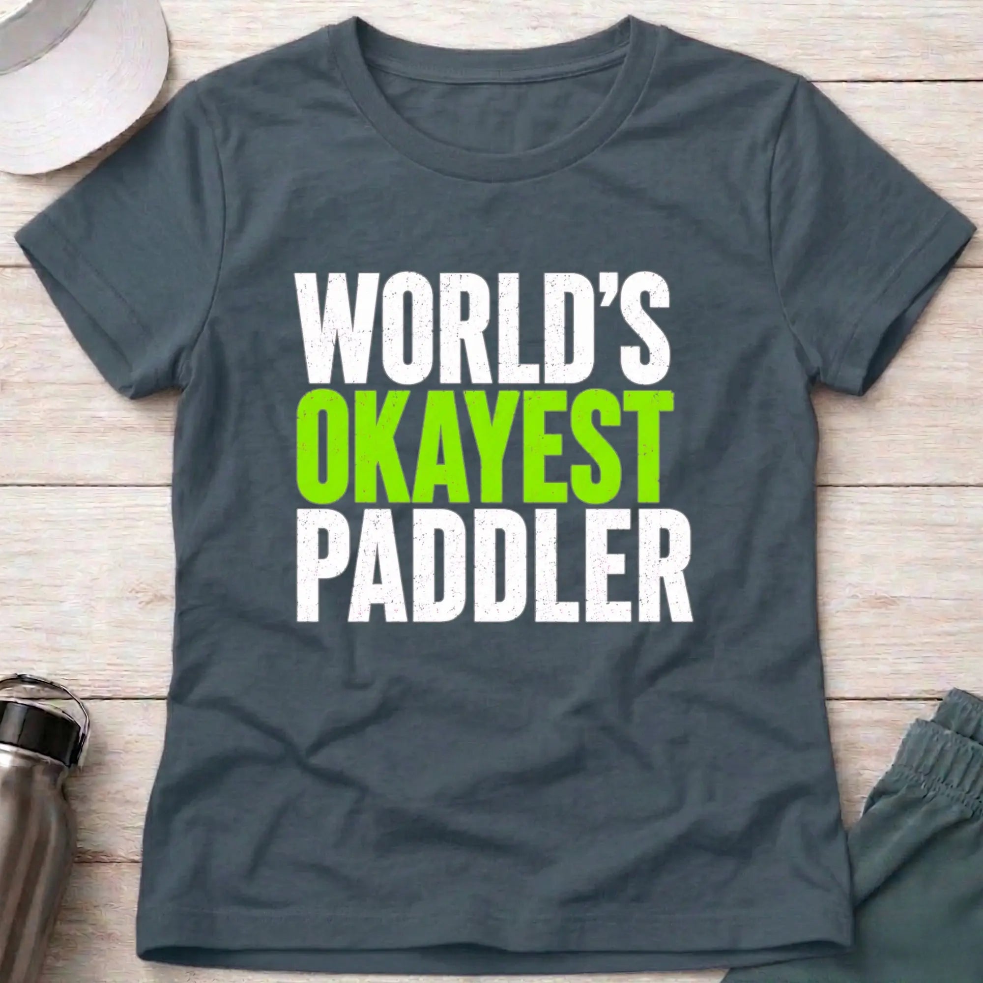 World's Okayest Paddler fitted tee in Dark Heather — funny women's kayaking tee — Vector Paddle