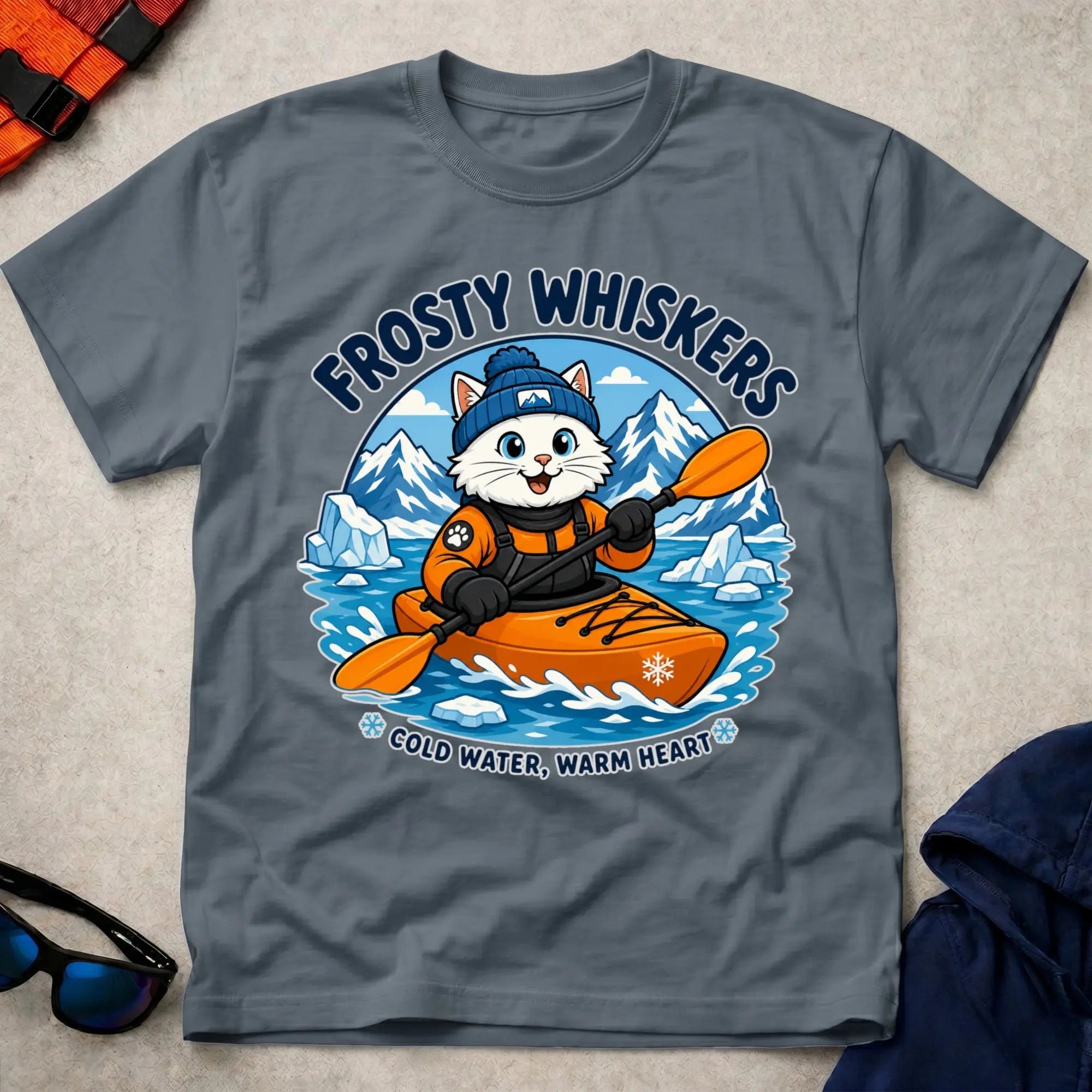 Dark Heather Frosty Whiskers tee — cold-water paddling gift — Vector Paddle