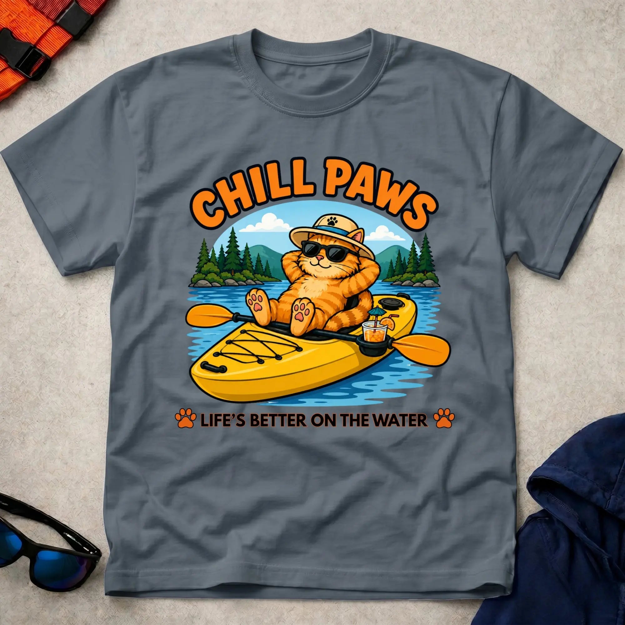 Dark Heather Chill Paws tee — calm-under-pressure paddling gift — Vector Paddle