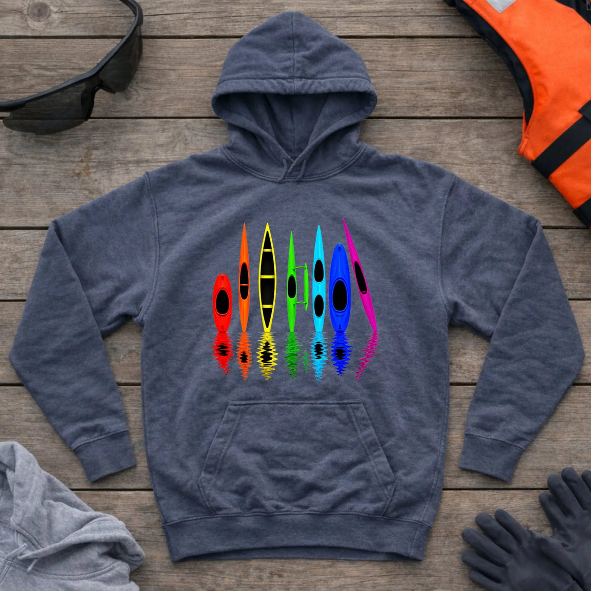 All The Boats hoodie in Dark Heather — kayak, canoe, outrigger and surfski fleet design — Vector Paddle