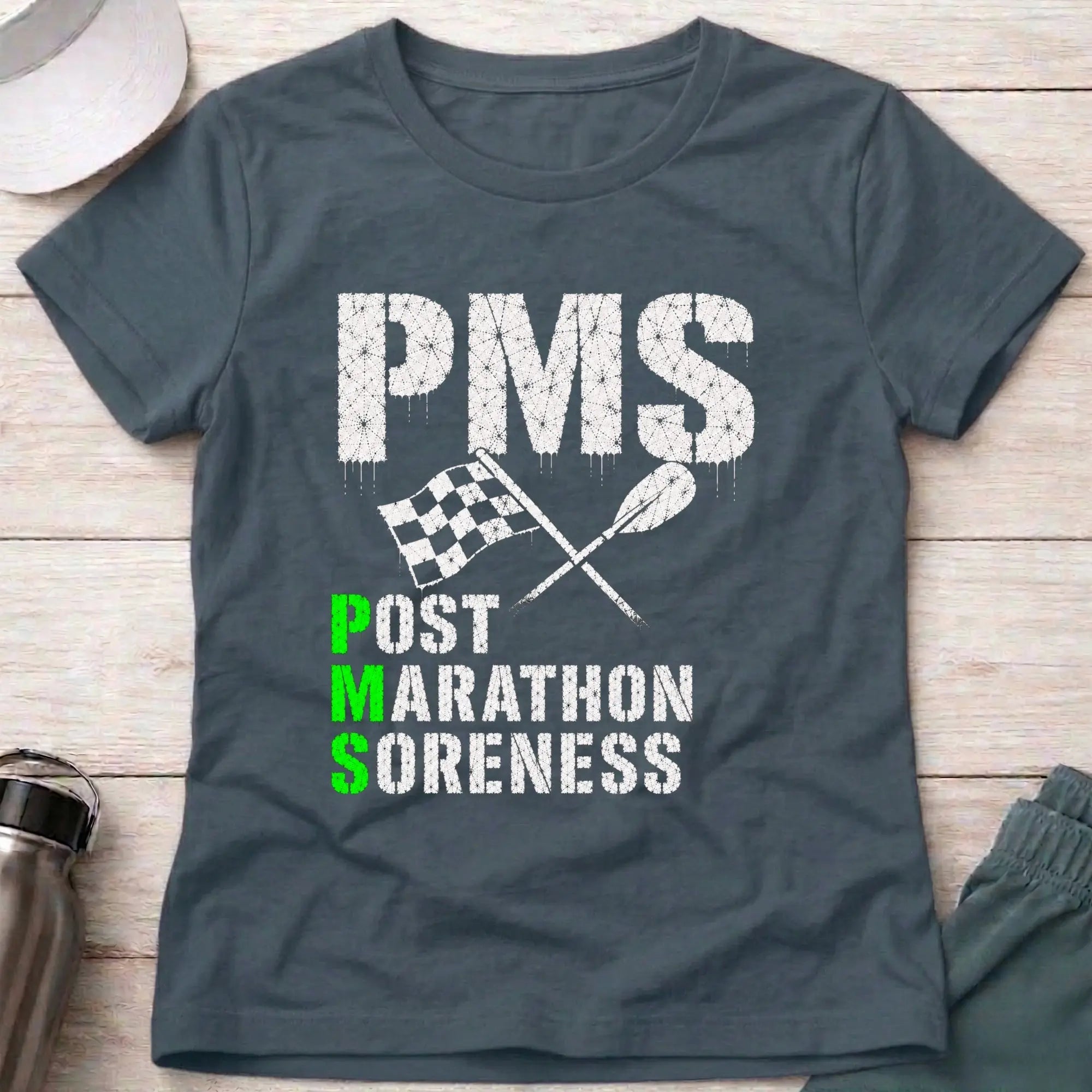 Dark Heather P.M.S. fitted tee — Post Marathon Soreness gift for women — Vector Paddle