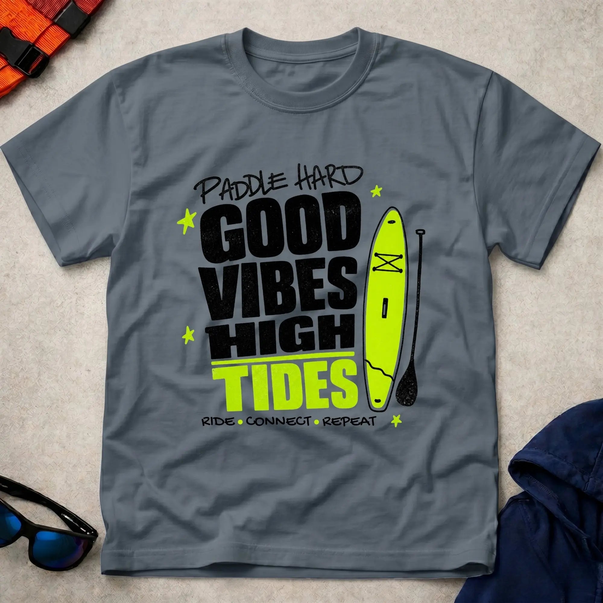 Dark Heather Good Vibes High Tides paddling t-shirt for laid-back water days, Vector Paddle