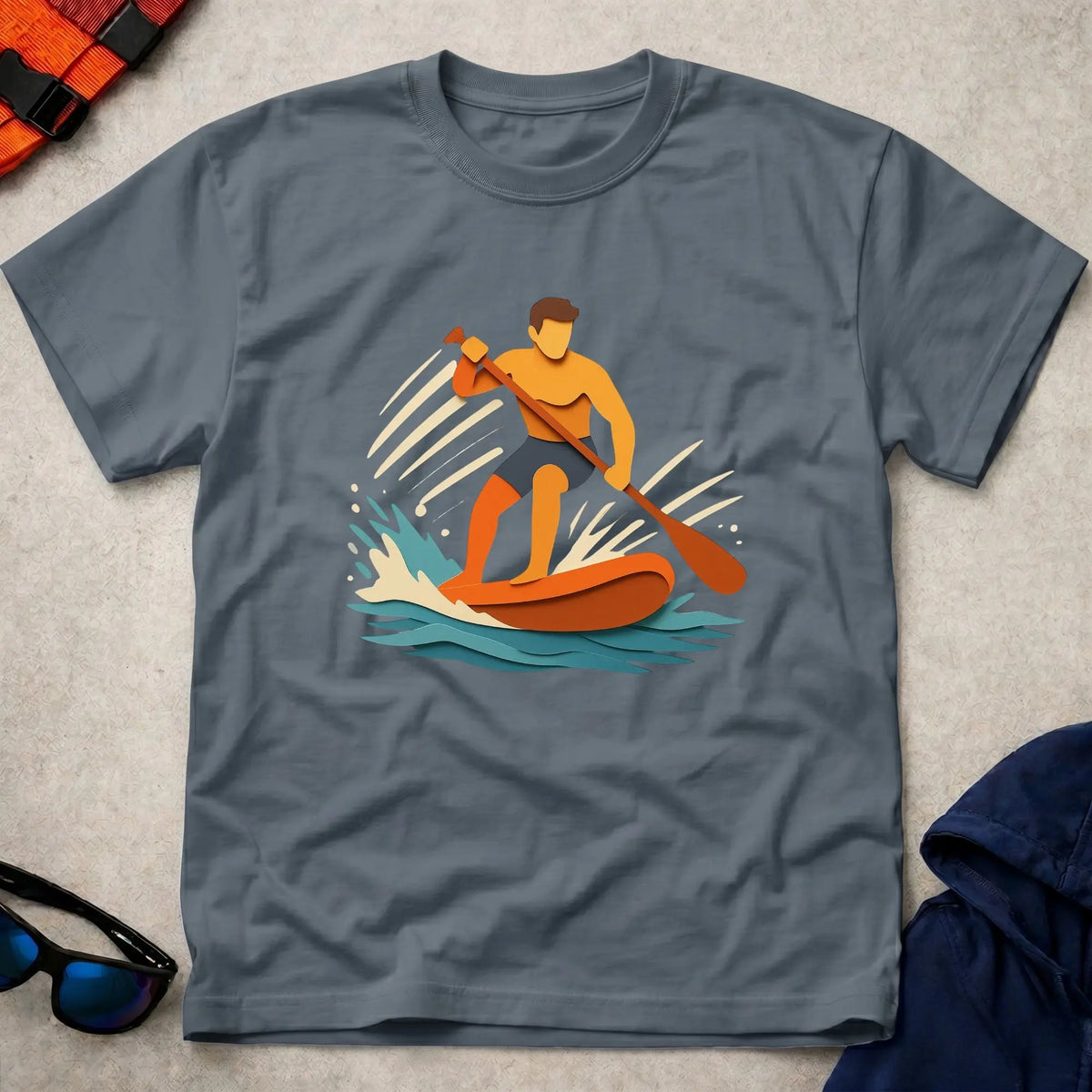 Cut Through tee in Dark Heather — paper-cut stand-up paddleboarder in orange and teal — Vector Paddle