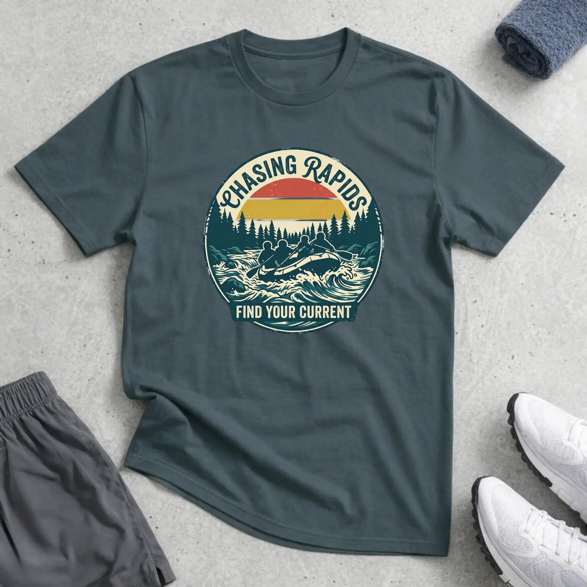 Chasing Rapids - Find Your Current. Rafting T-Shirt - RELAXED Printify