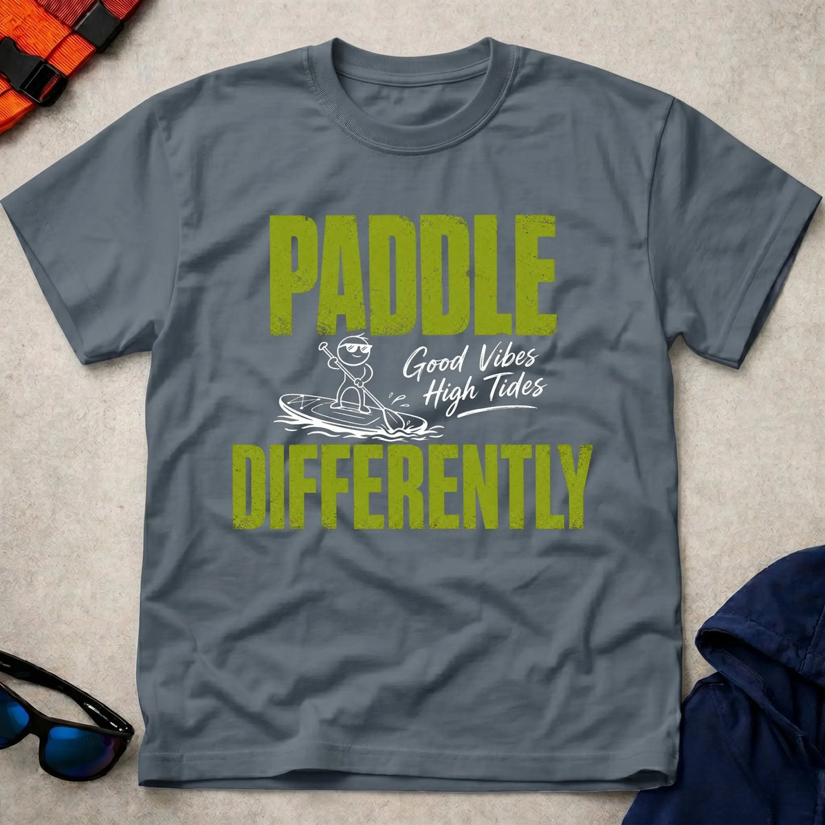 Dark Heather Paddle Differently t-shirt for paddlers who do it their own way, Vector Paddle