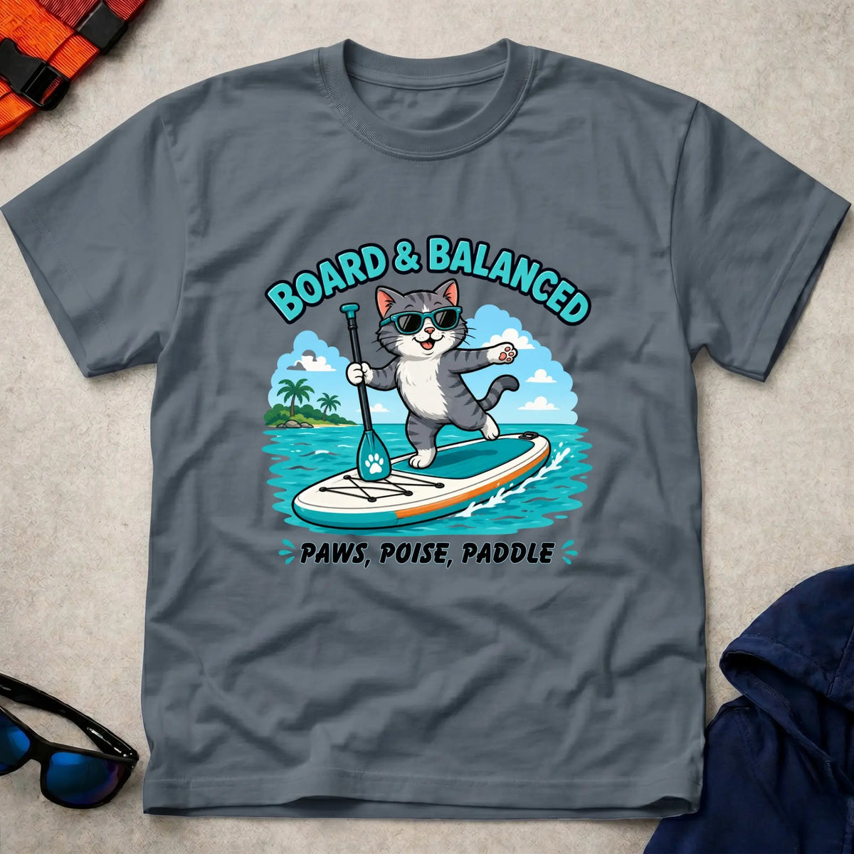Dark Heather Bored & Balanced tee — SUP cat-lover gift — Vector Paddle