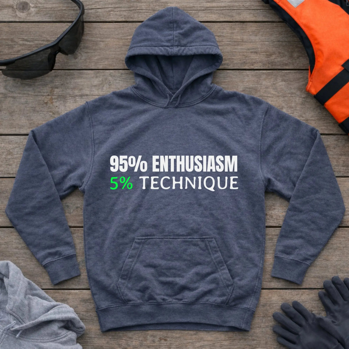 95% Enthusiasm hoodie in Dark Heather — self-deprecating paddling humour design — Vector Paddle