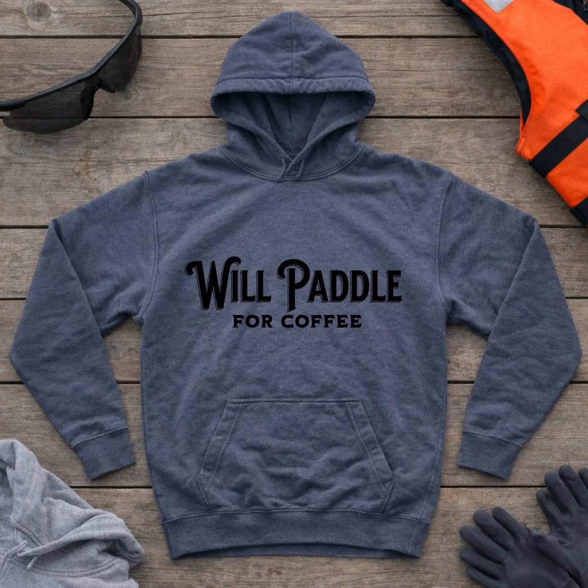 Will Paddle For Coffee hoodie in Dark Heather — coffee-loving paddler slogan design — Vector Paddle