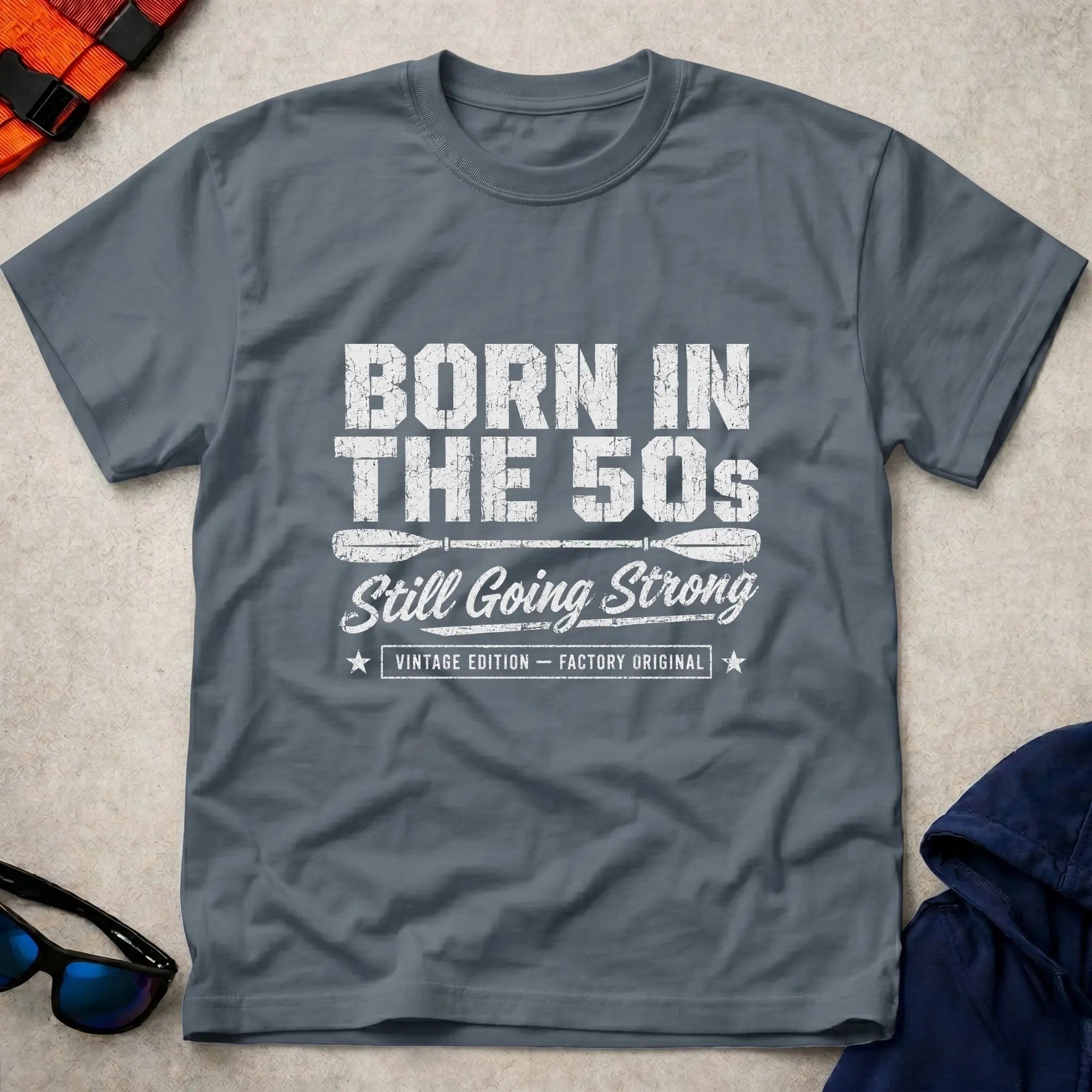 Born In The 50s – Still Going Strong retro paddling tee in Dark Heather | Vector Paddle