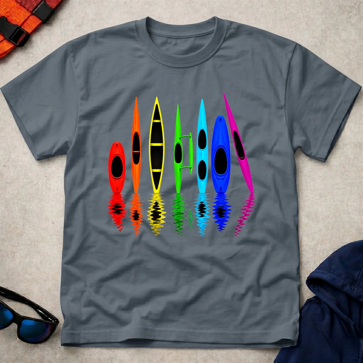 All The Boats tee in Dark Heather — colourful paddlesport boat lineup — Vector Paddle