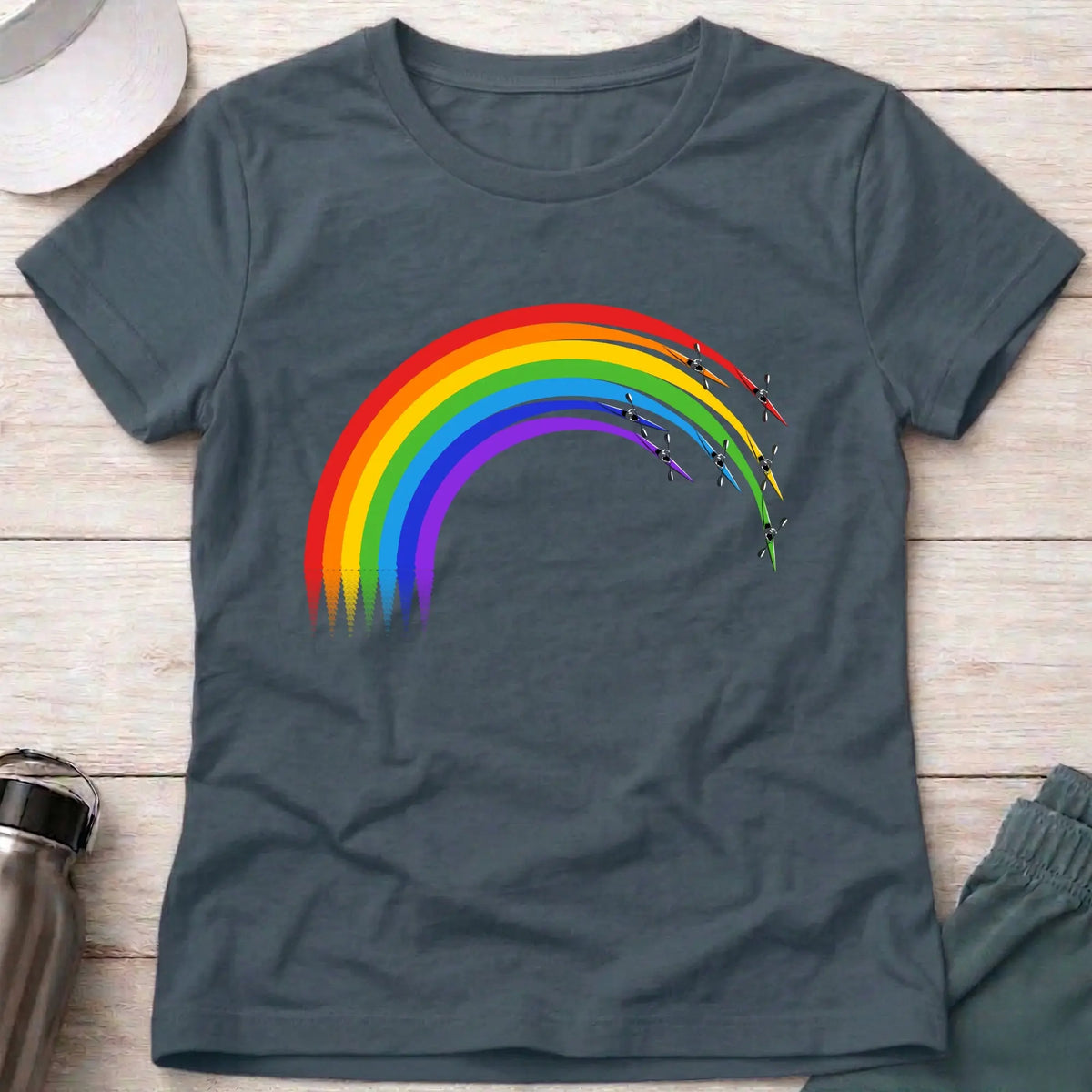 Over The Rainbow fitted tee in Dark Heather — kayaks racing a rainbow arc — Vector Paddle