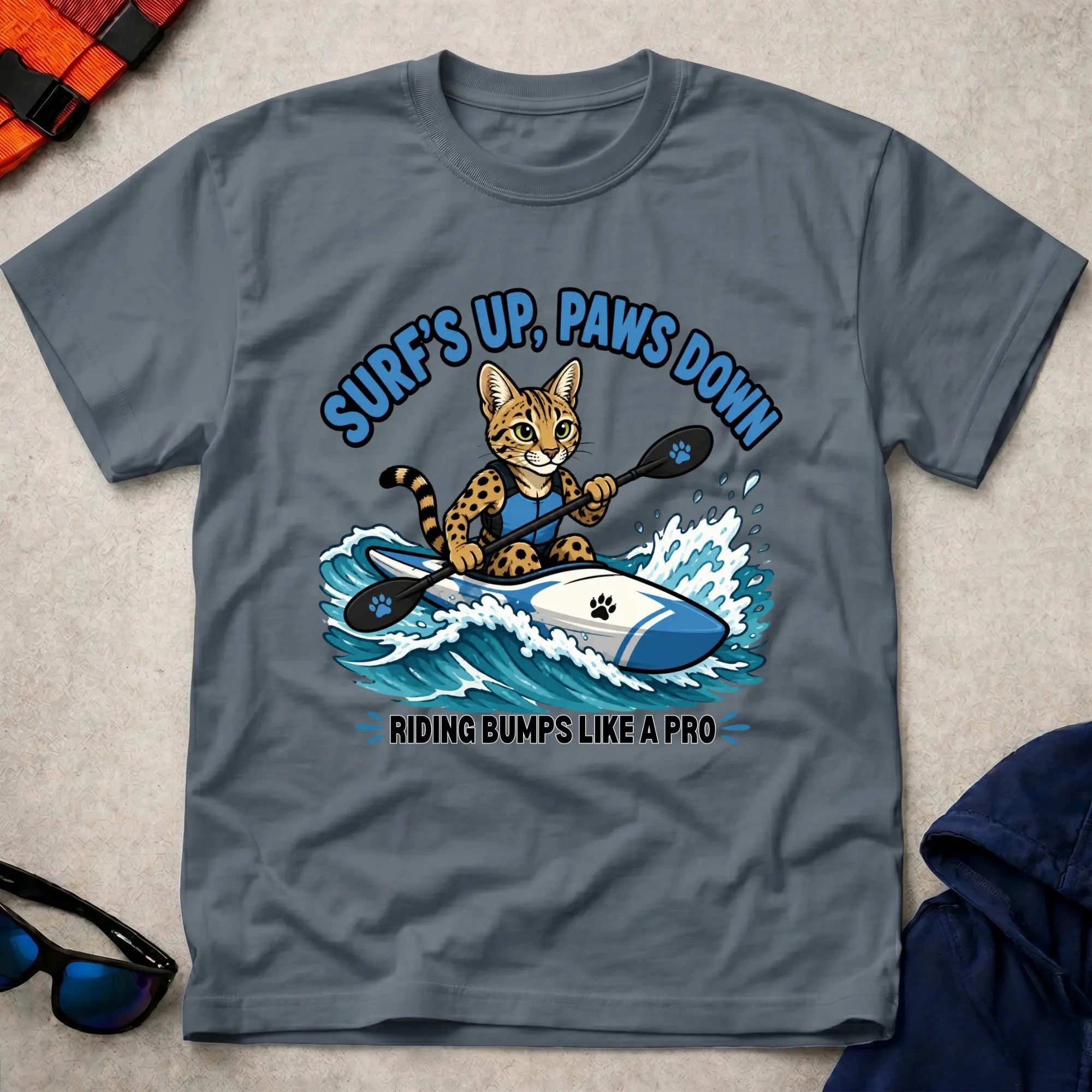 Dark Heather Surfs Up, Paws Down tee — open-water paddling gift — Vector Paddle