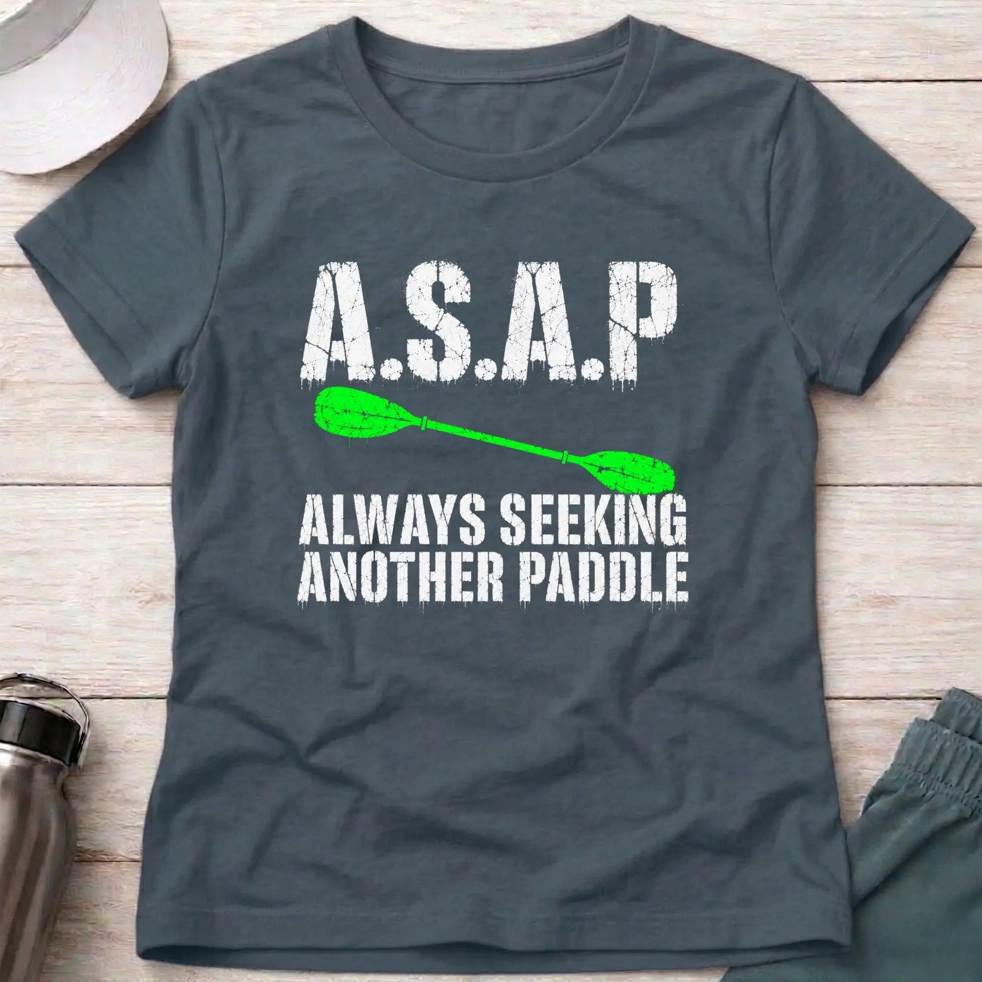 Dark Heather A.S.A.P. fitted tee — Always Seeking Another Paddle gift for women — Vector Paddle
