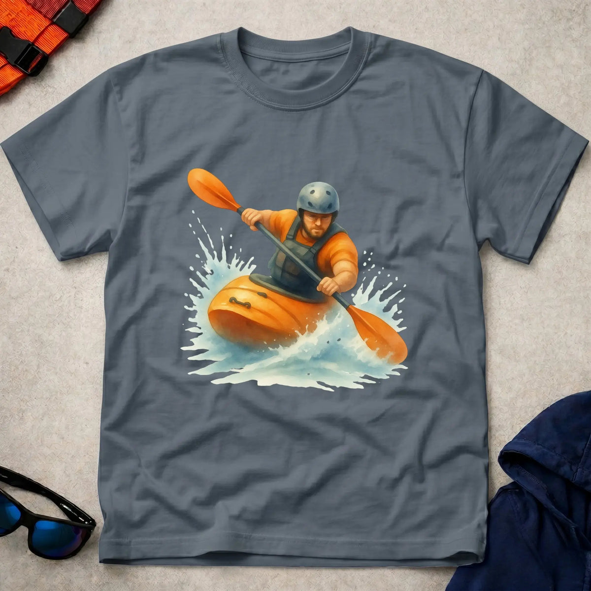 Read The River tee in Dark Heather — watercolour whitewater kayaker in rapids — Vector Paddle