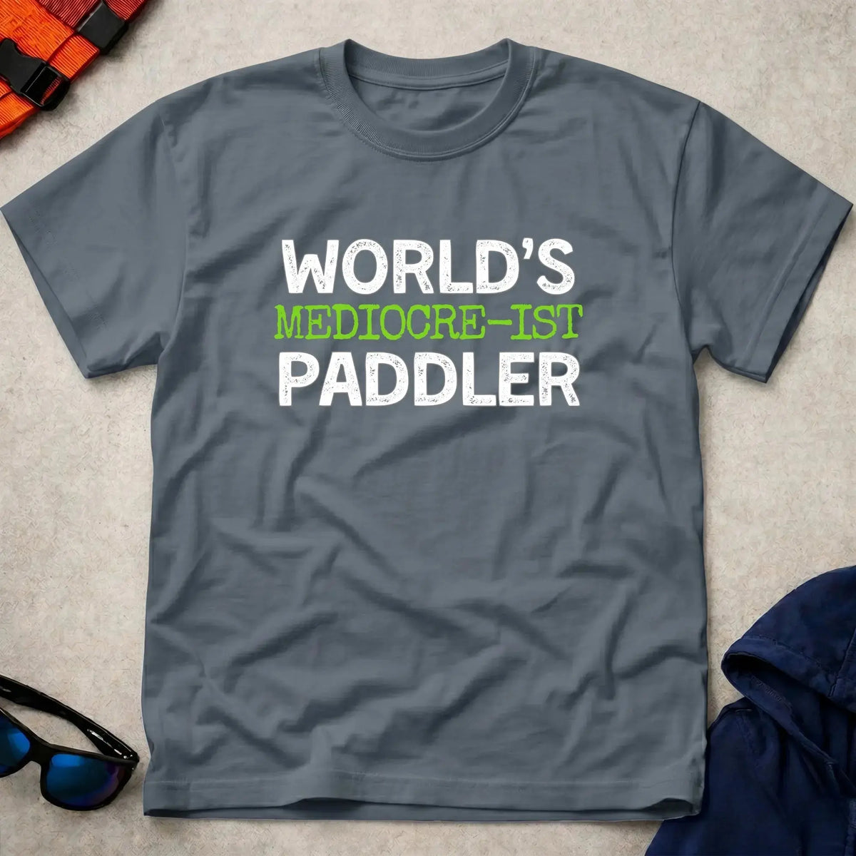 Dark Heather World's Mediocre-ist Paddler paddling tee — Vector Paddle