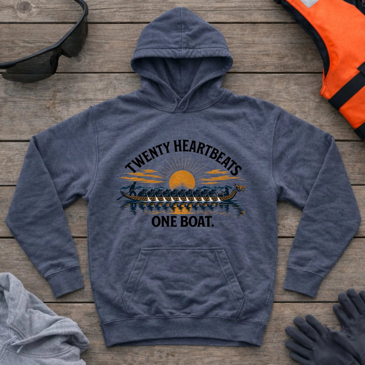 Twenty Heartbeats One Boat hoodie in Dark Heather — dragon boat crew paddling in unison — Vector Paddle