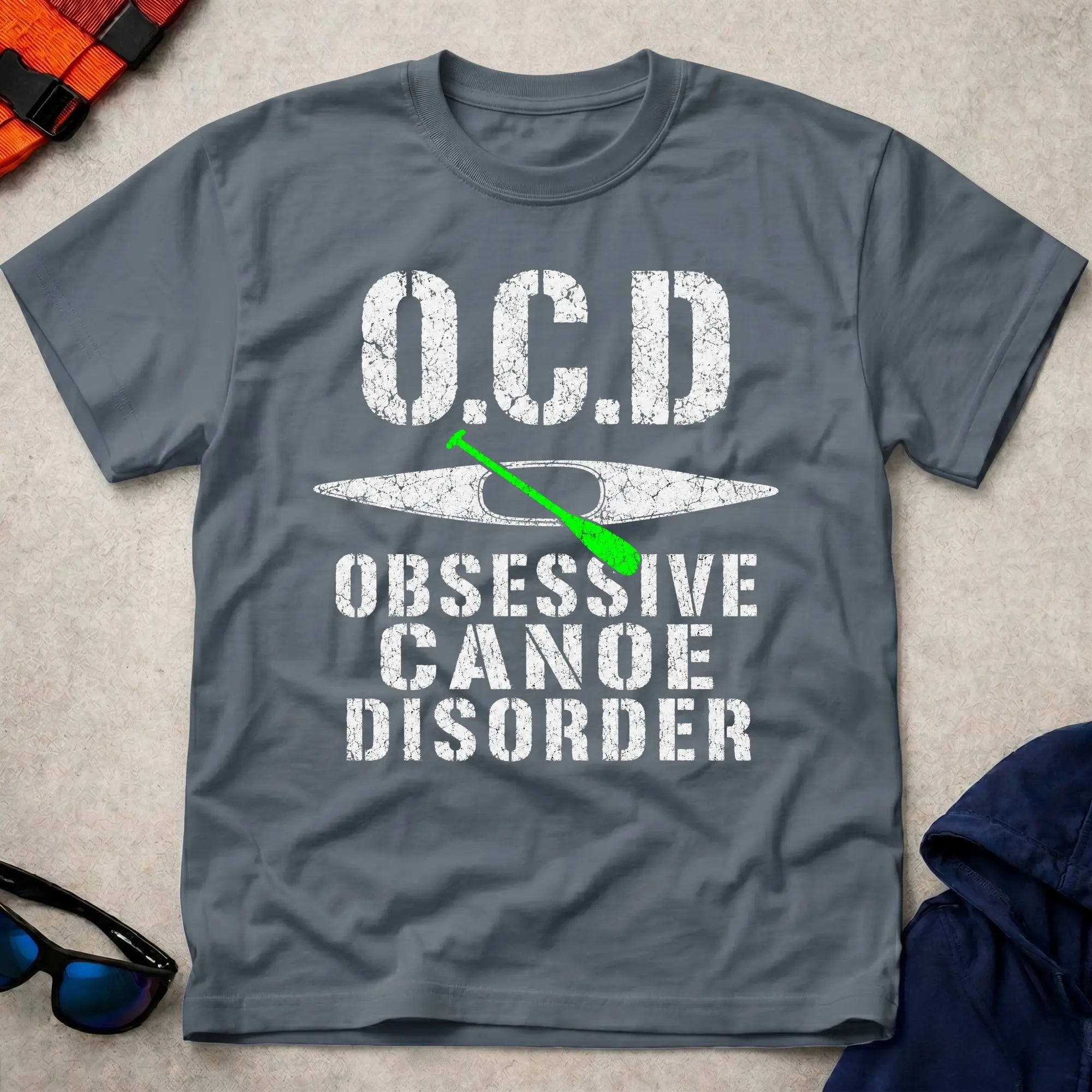Dark Heather Obsessive Canoe Disorder tee — funny canoe-obsessed paddling gift — Vector Paddle