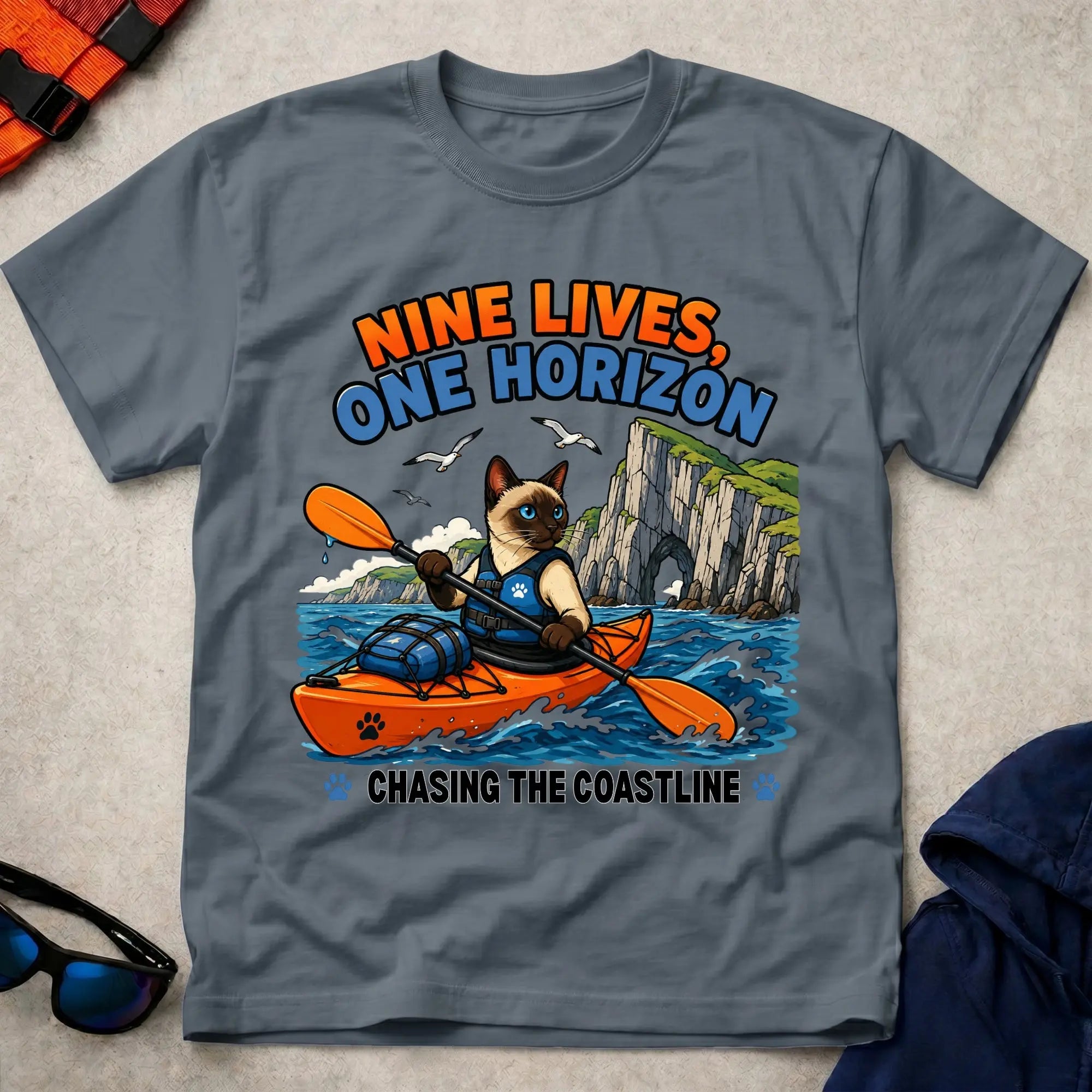 Dark Heather Nine Lives, One Horizon tee — long-distance paddling gift — Vector Paddle
