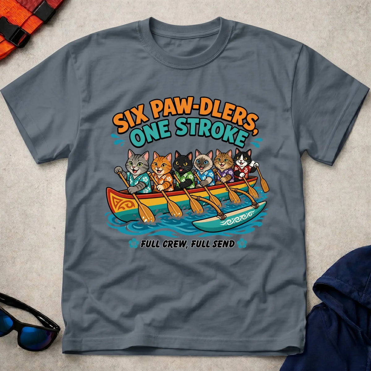 Dark Heather Six Paw-dlers, One Stroke tee — OC6 outrigger crew gift — Vector Paddle