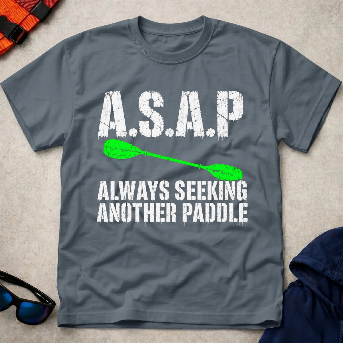 Dark Heather A.S.A.P. tee — Always Seeking Another Paddle gift — Vector Paddle