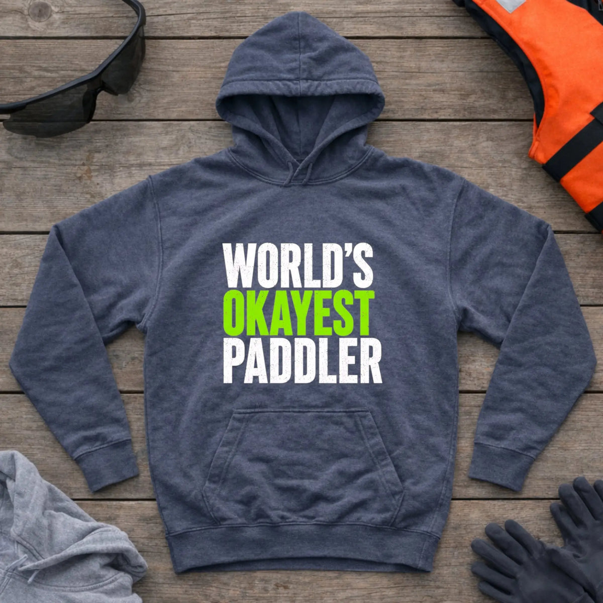World's Okayest Paddler hoodie in Dark Heather — funny self-deprecating paddling slogan — Vector Paddle