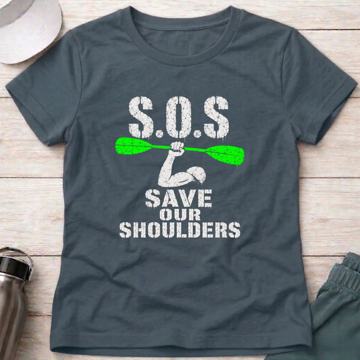 Dark Heather Save Our Shoulders fitted tee — marathon paddler gift for women — Vector Paddle