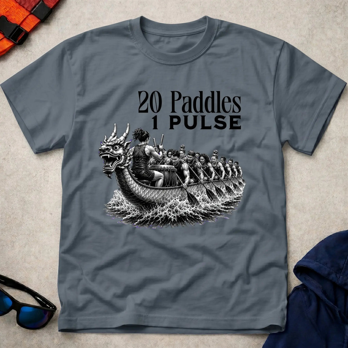 20 Paddles 1 Pulse tee in Dark Heather — dragon boat crew with drummer — Vector Paddle
