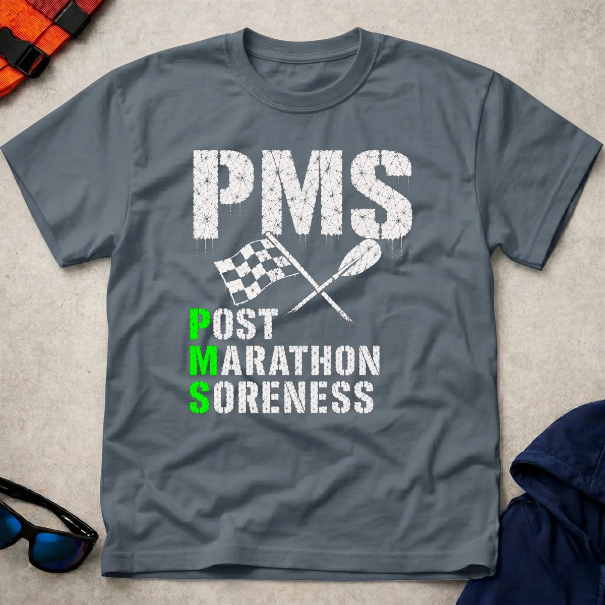 Dark Heather P.M.S. tee — Post Marathon Soreness gift — Vector Paddle